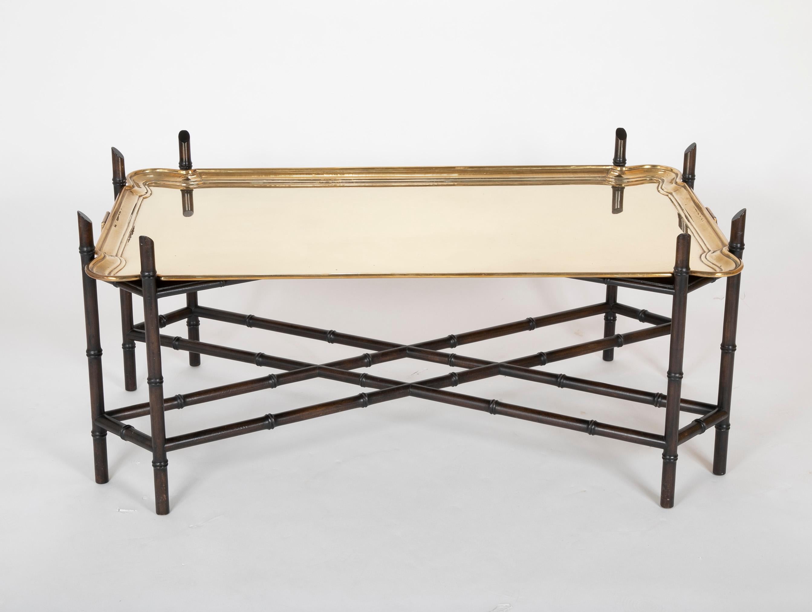 Chinoiserie Midcentury Brass Tray on Faux Bamboo Base Coffee Table For Sale