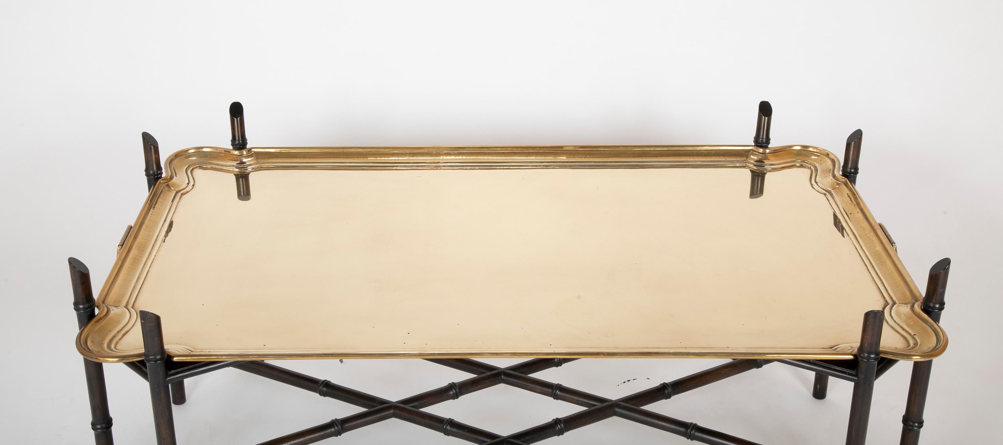 Polished Midcentury Brass Tray on Faux Bamboo Base Coffee Table For Sale