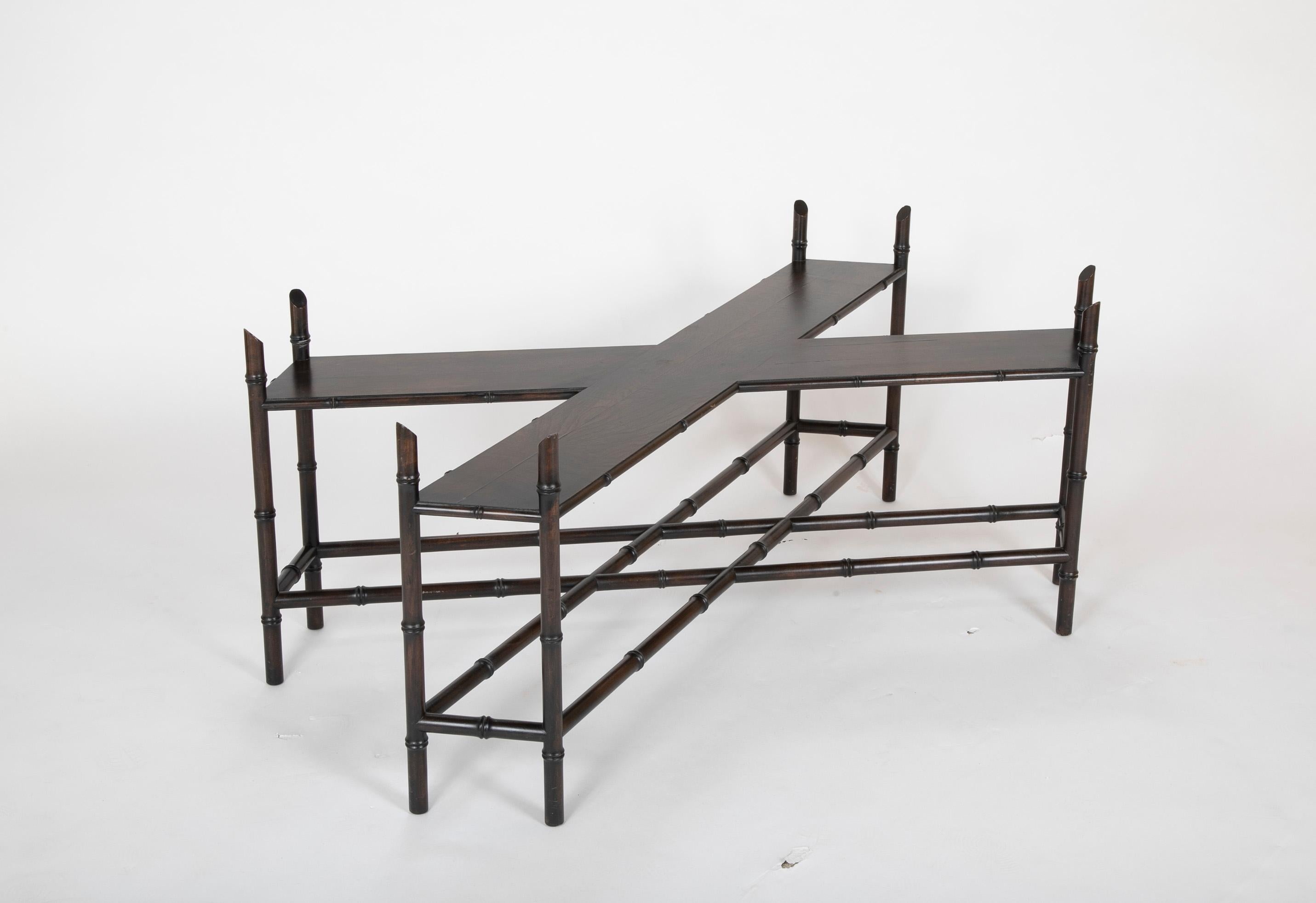 20th Century Midcentury Brass Tray on Faux Bamboo Base Coffee Table