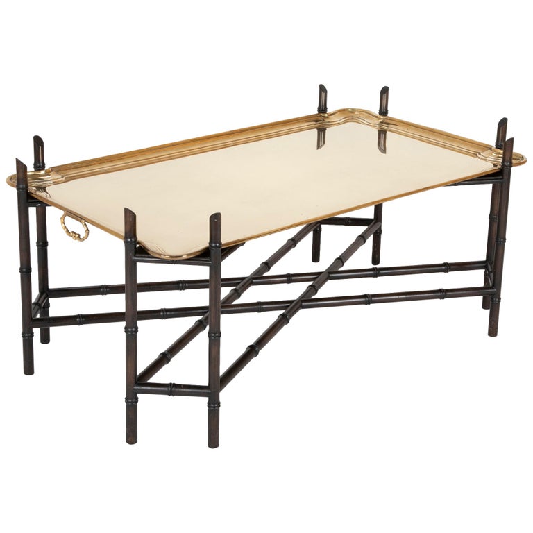Midcentury Brass Tray on Faux Bamboo Base Coffee Table For Sale at 1stDibs