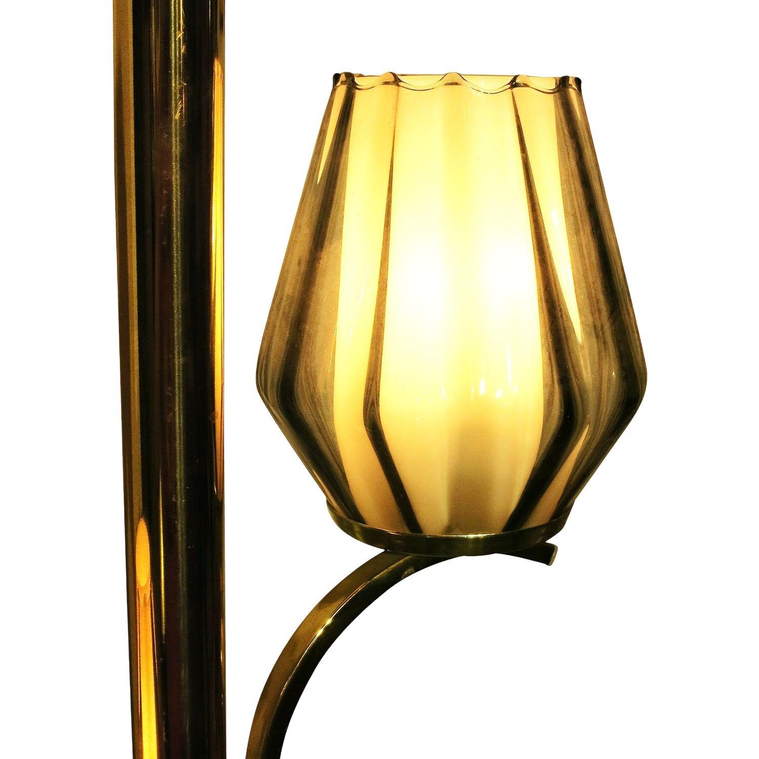Smoked Glass Mid Century Brass Triple Light Floor to Ceiling Tension Pole Lamp For Sale