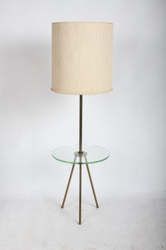 Mid-Century Modern Italian Brass Floor Lamp with Tripod Legs and Glass Shelf