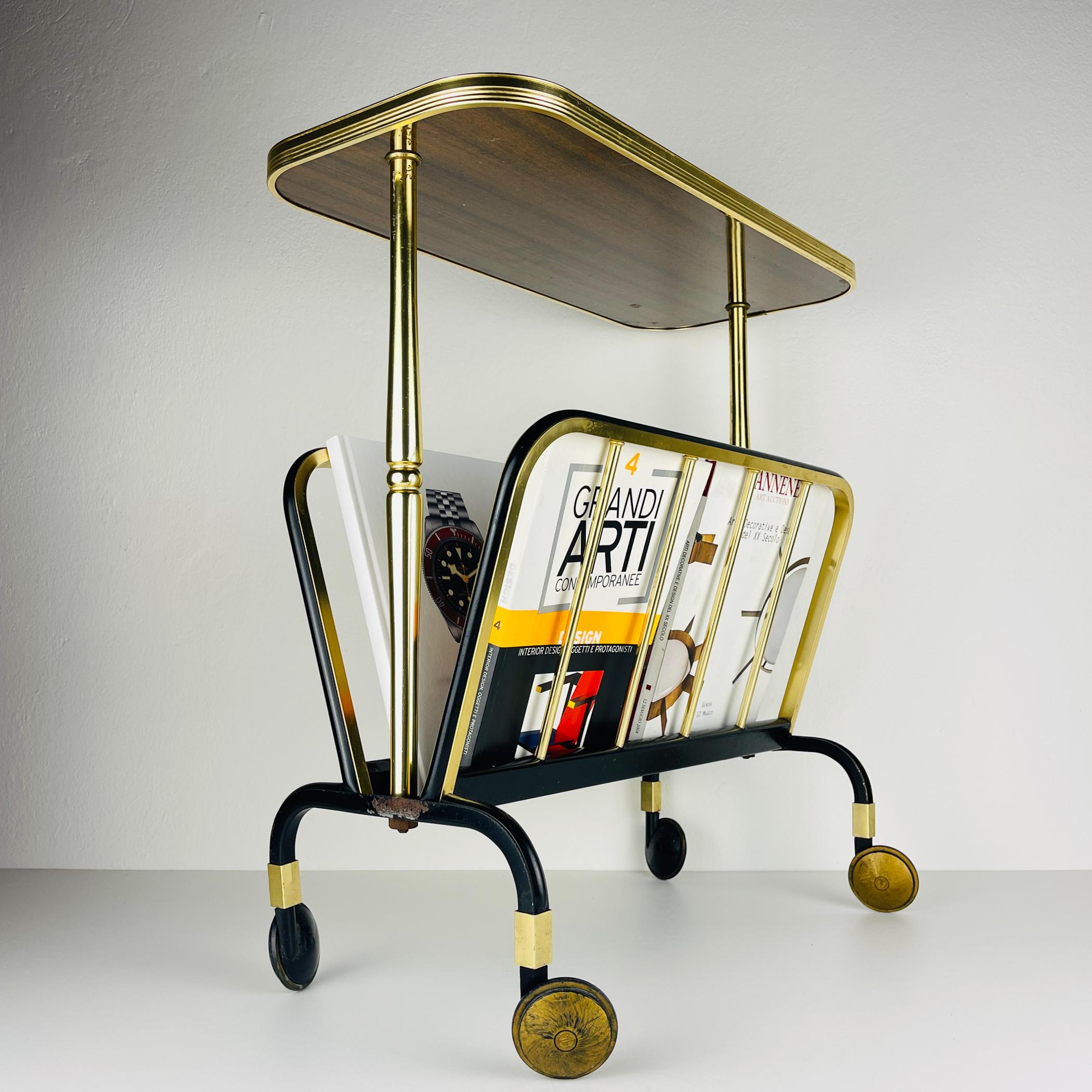 Mid-Century Modern Mid-century brass trolley or magazine rack by MB, Italy, 1960s For Sale