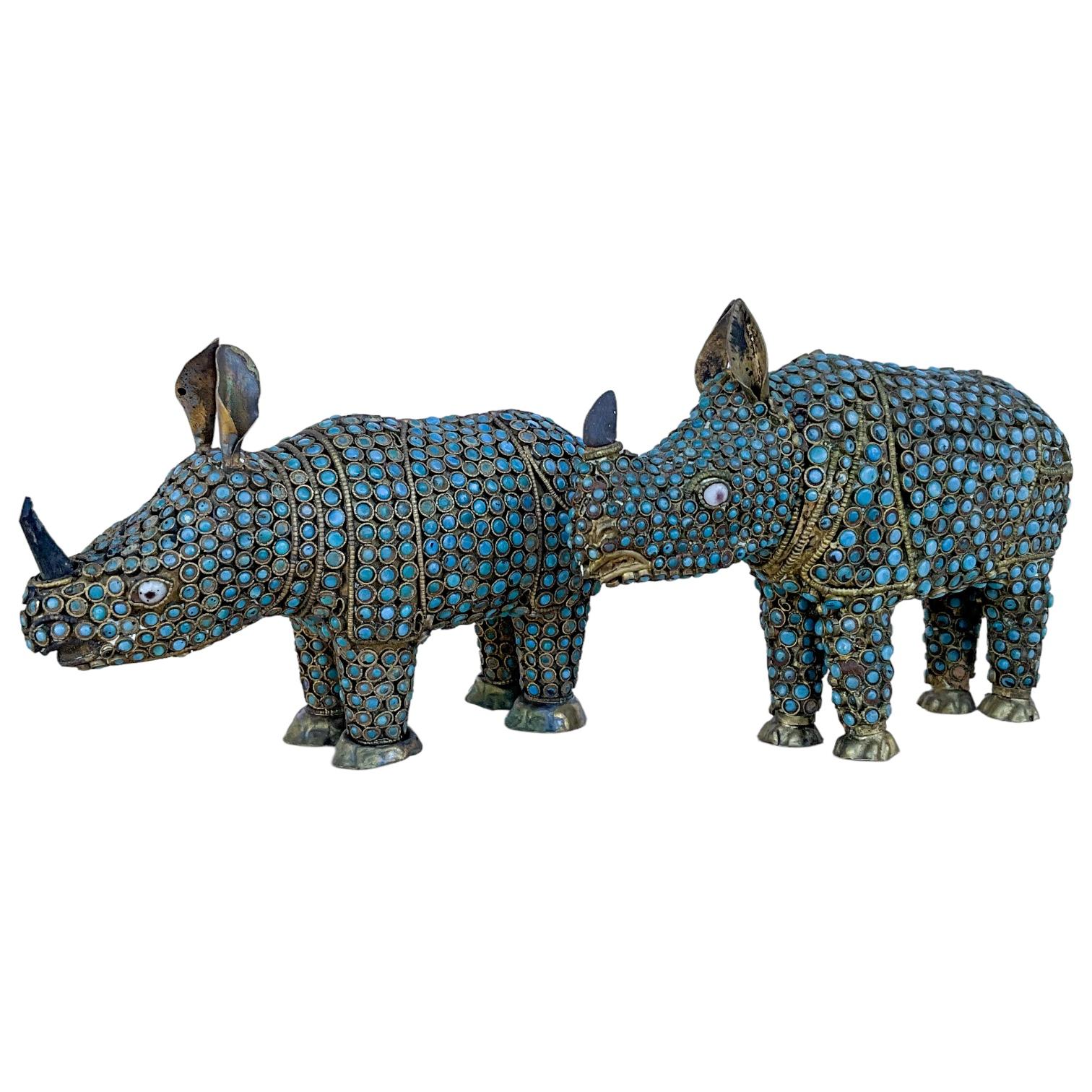 Mid-Century Brass &  Turquoise Glass Beads Cloisonné Style Rhinoceros -S/2 For Sale 4