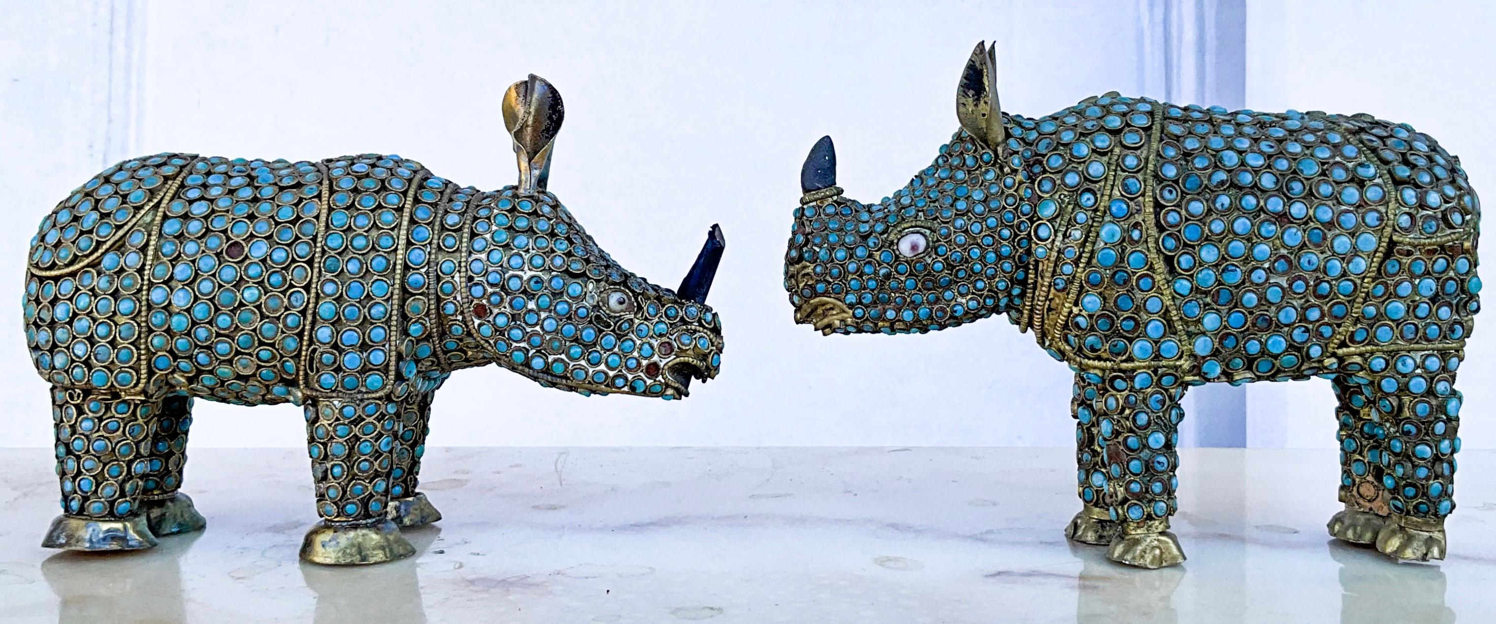 Chinese Export Mid-Century Brass &  Turquoise Glass Beads Cloisonné Style Rhinoceros -S/2 For Sale