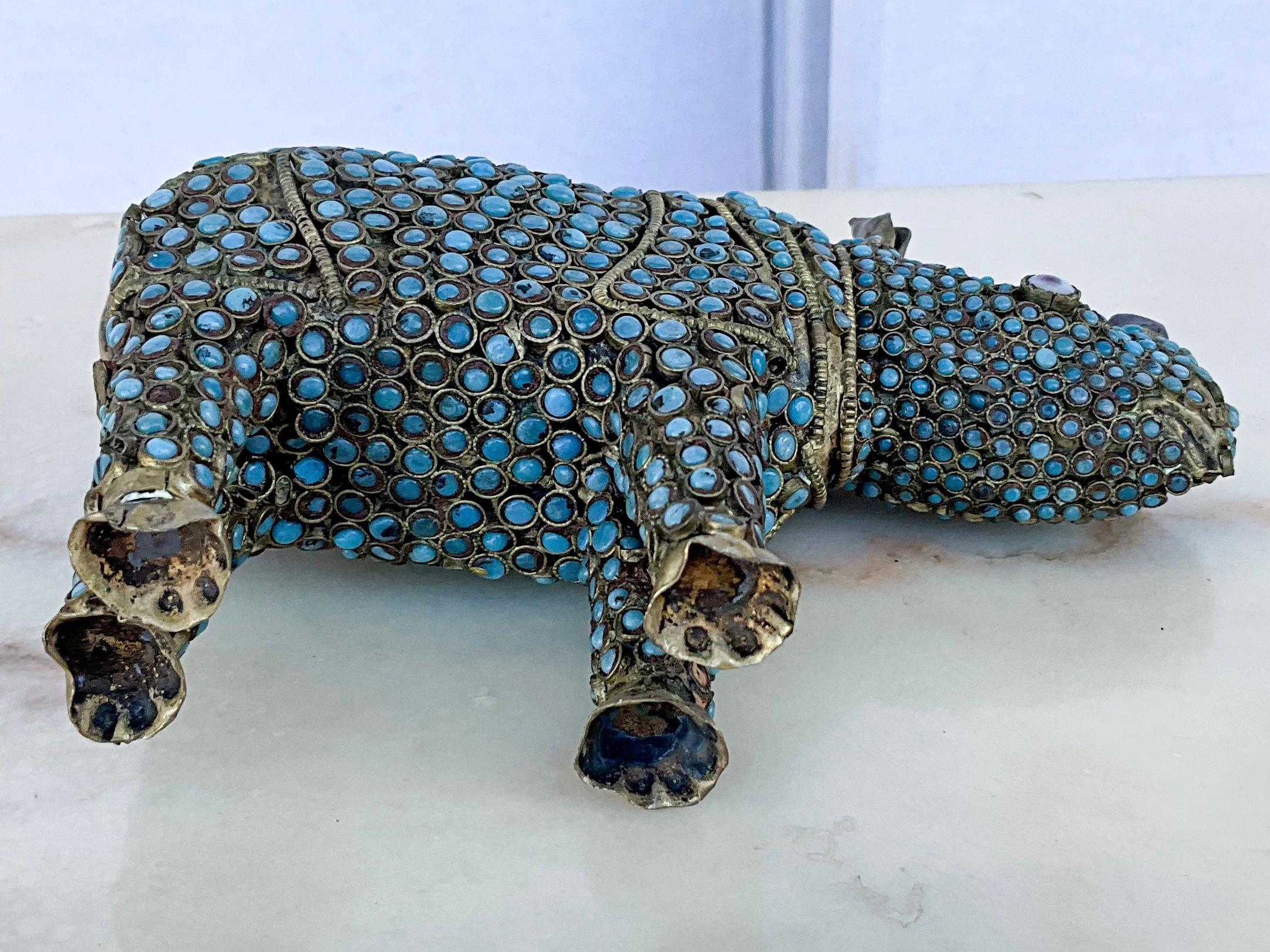 Tibetan Mid-Century Brass &  Turquoise Glass Beads Cloisonné Style Rhinoceros -S/2 For Sale