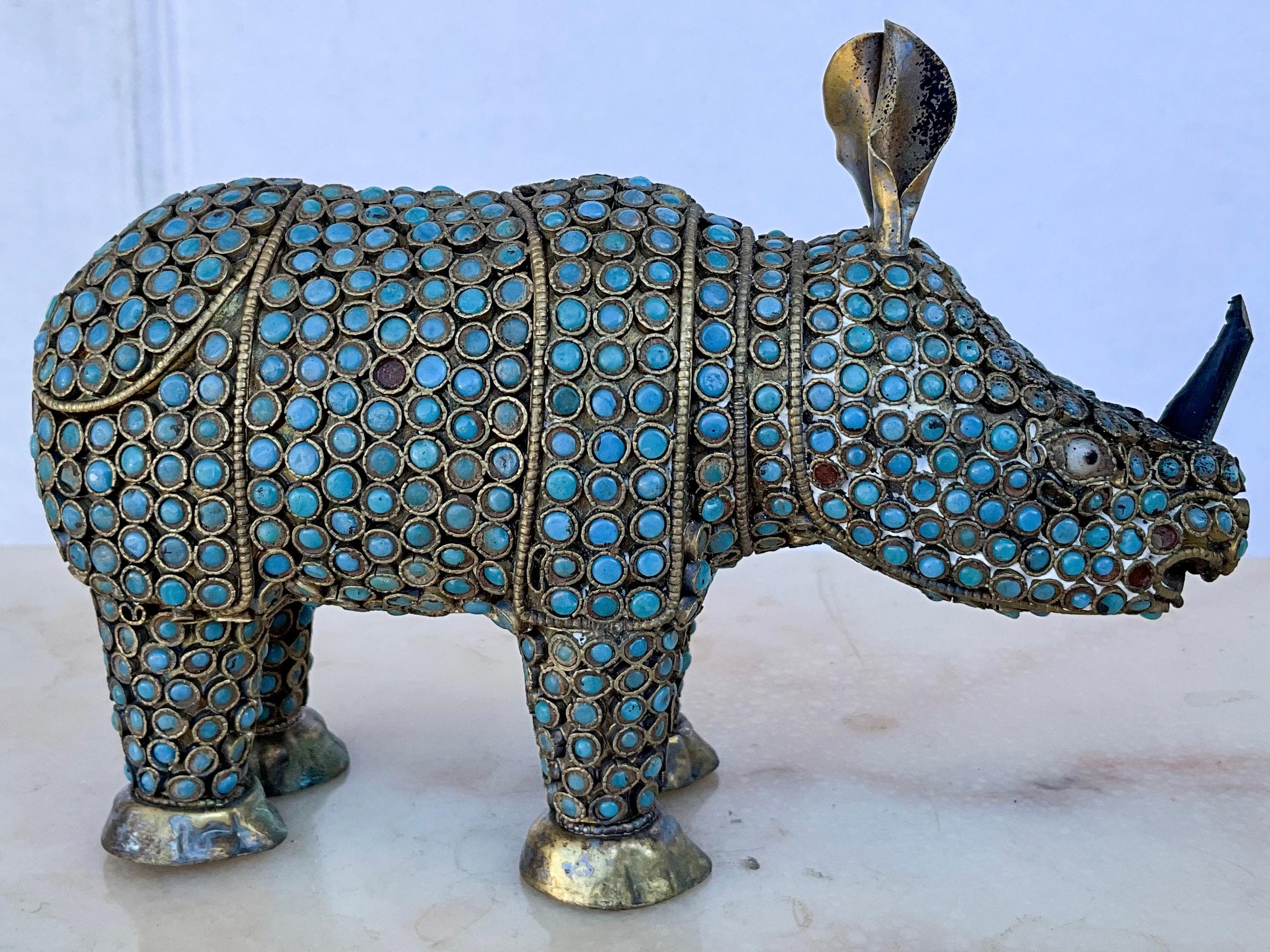 Mid-Century Brass &  Turquoise Glass Beads Cloisonné Style Rhinoceros -S/2 In Good Condition For Sale In Kennesaw, GA
