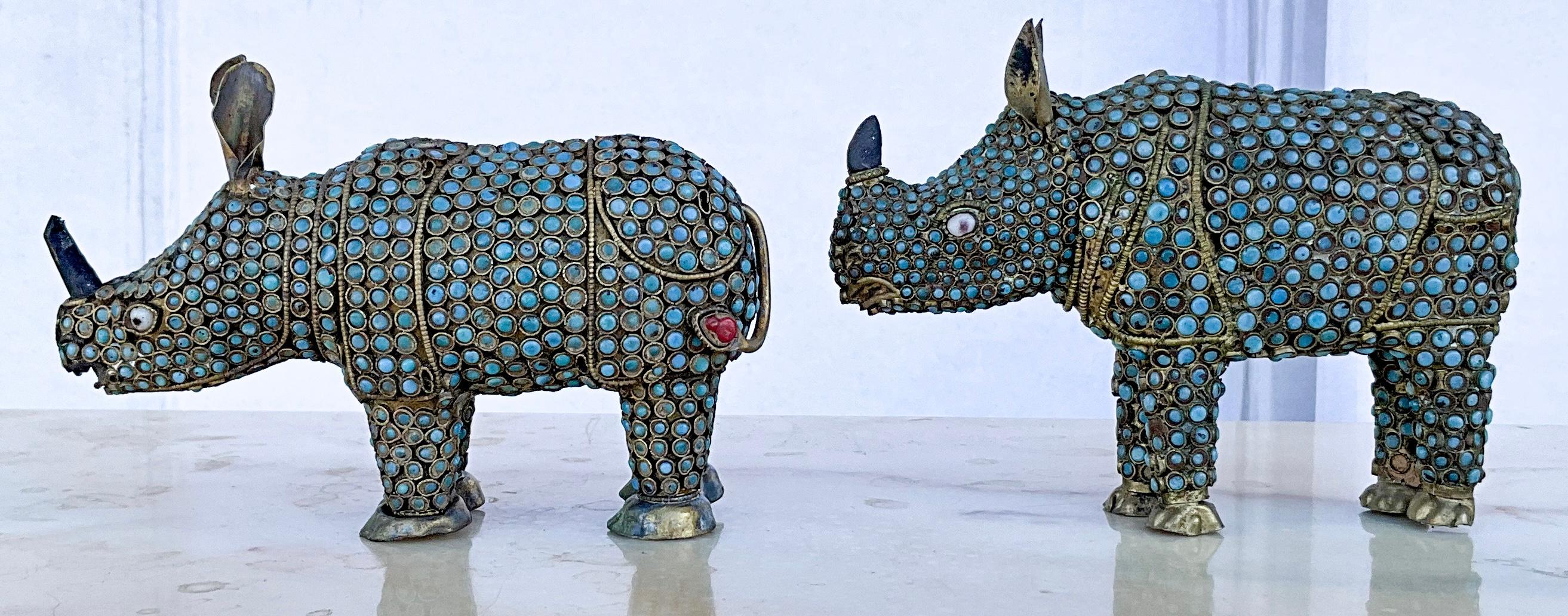 20th Century Mid-Century Brass &  Turquoise Glass Beads Cloisonné Style Rhinoceros -S/2 For Sale