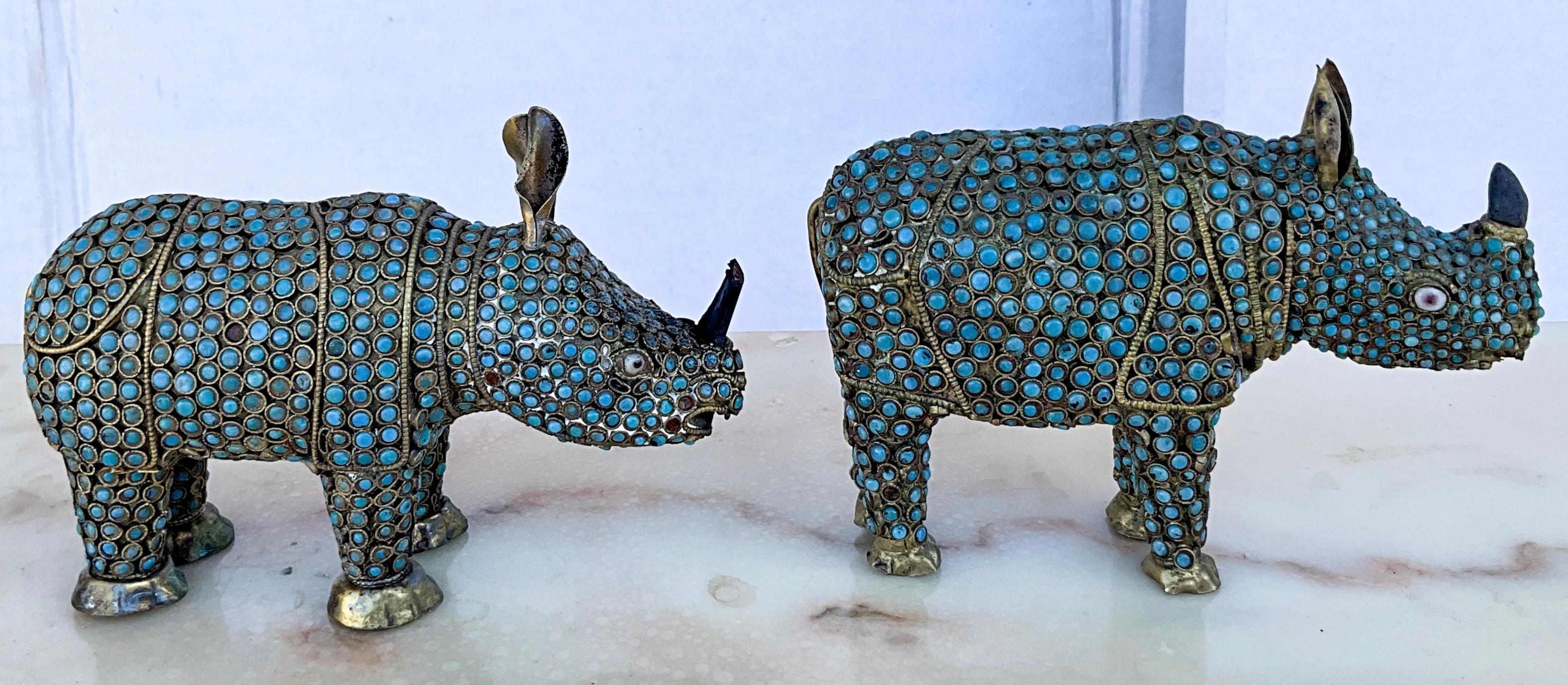 Mid-Century Brass &  Turquoise Glass Beads Cloisonné Style Rhinoceros -S/2 For Sale 1