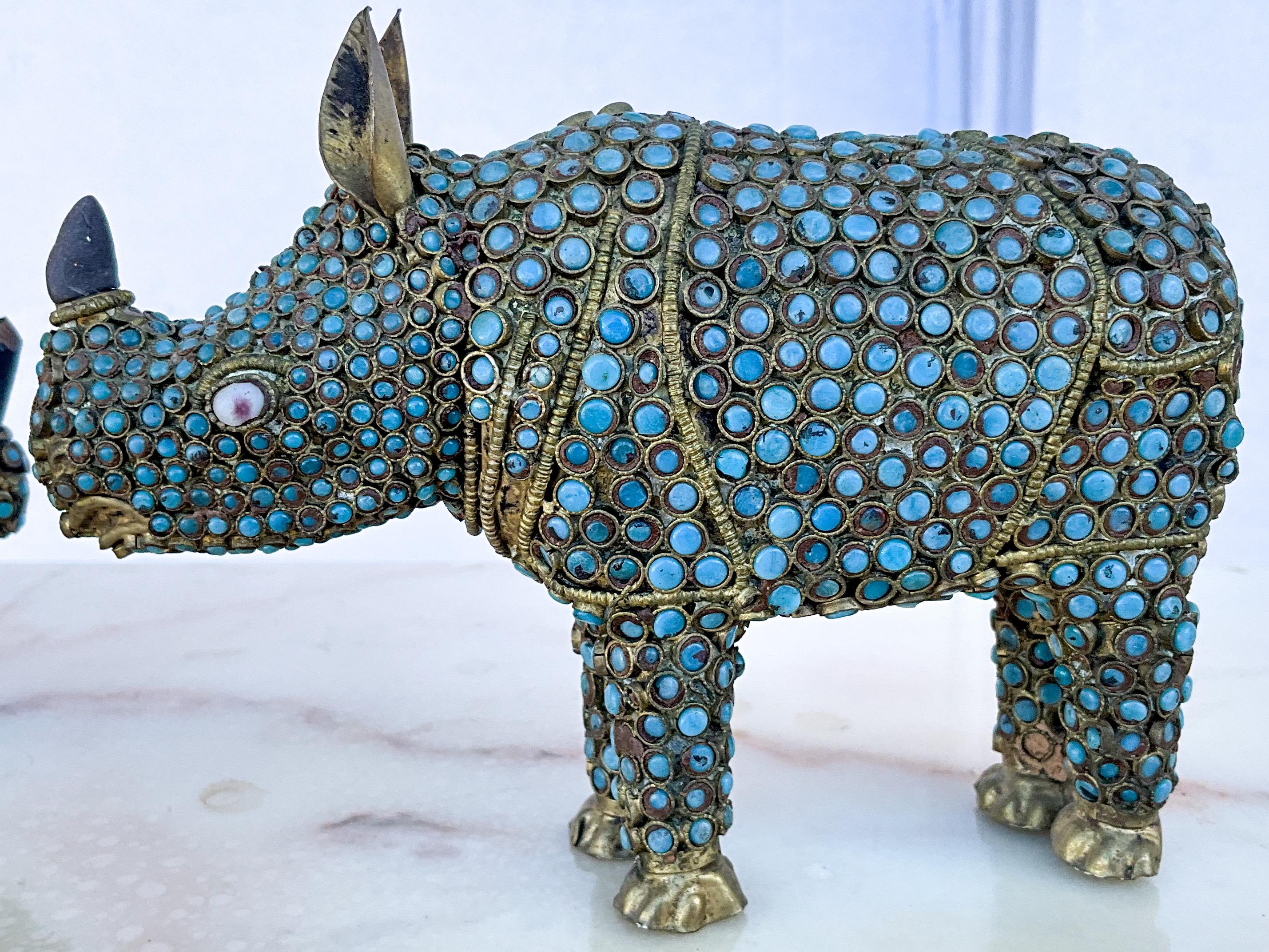 Mid-Century Brass &  Turquoise Glass Beads Cloisonné Style Rhinoceros -S/2 For Sale 2
