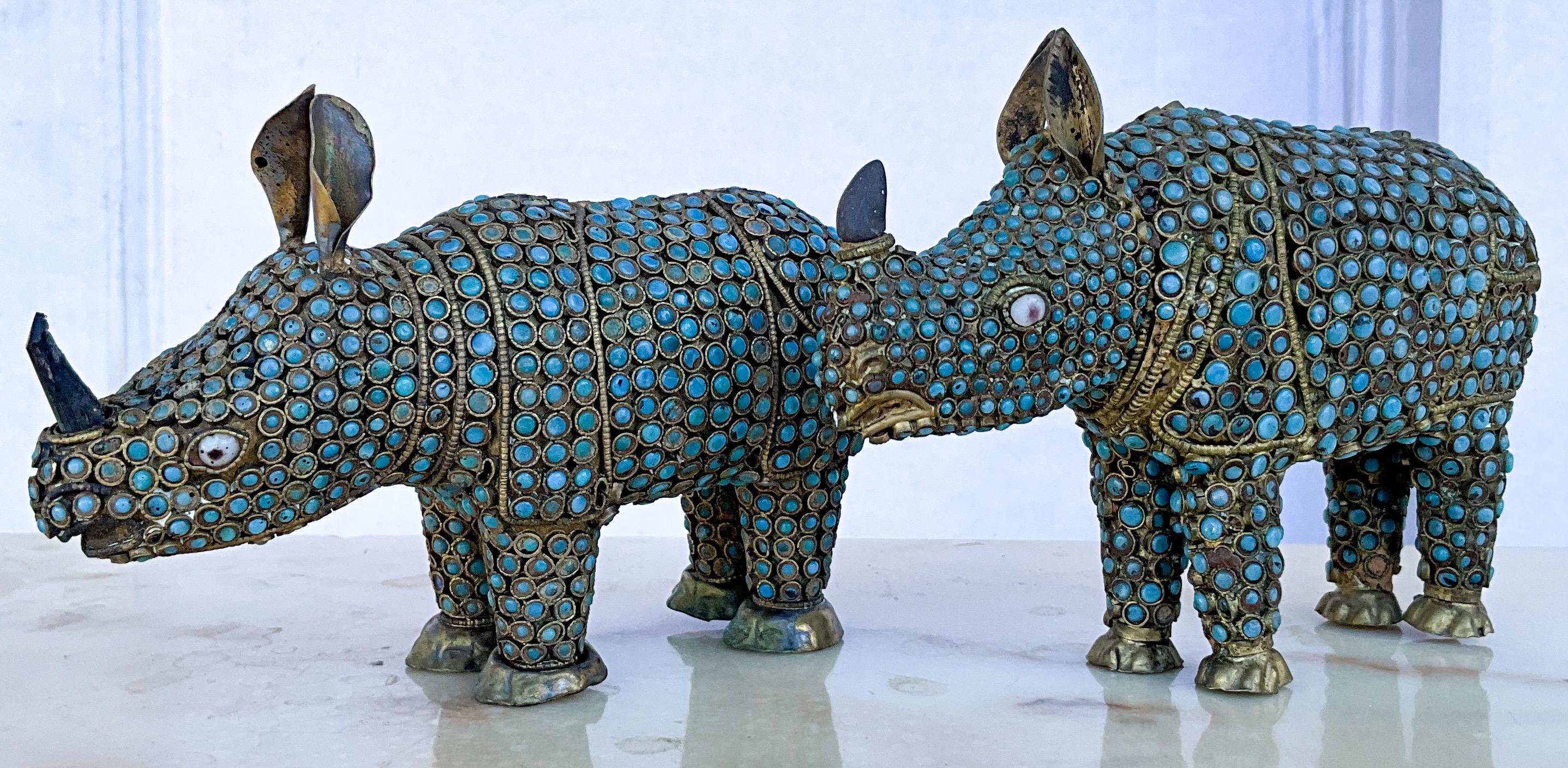 Mid-Century Brass &  Turquoise Glass Beads Cloisonné Style Rhinoceros -S/2 For Sale 3