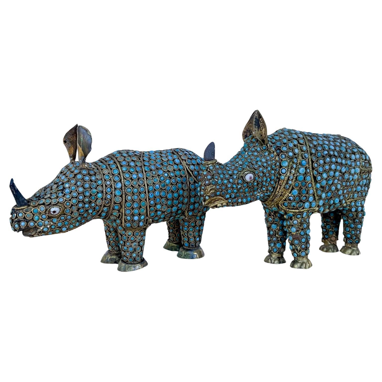 Mid-Century Brass &  Turquoise Glass Beads Cloisonné Style Rhinoceros -S/2 For Sale