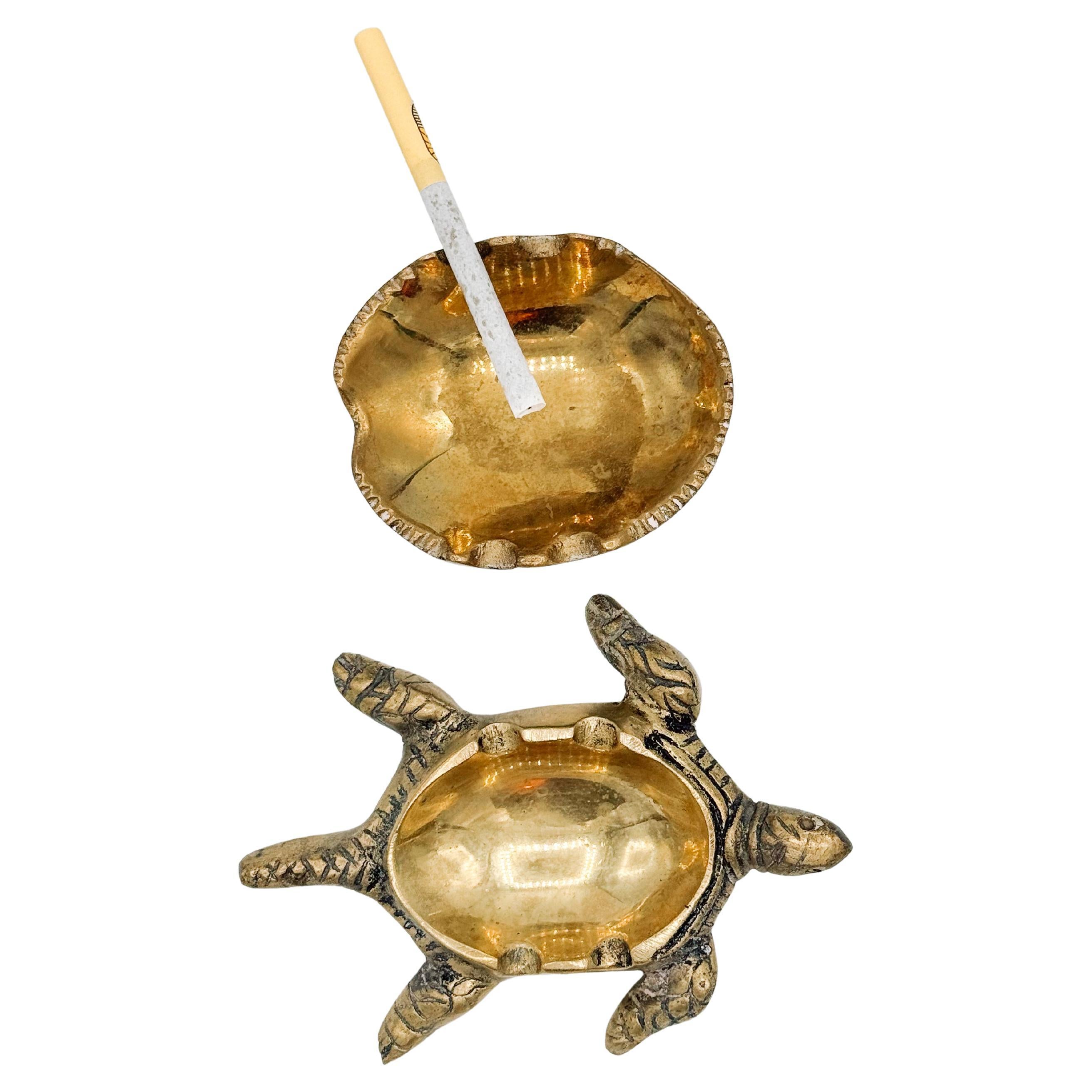 Mid-Century Brass Turtle Animal Ashtray with Detachable Shell — Two Available en vente