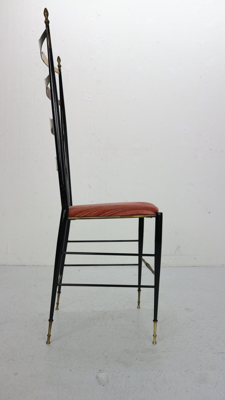 Midcentury Brass and Velvet Tall Ladder Back Side Chair by Chiavari