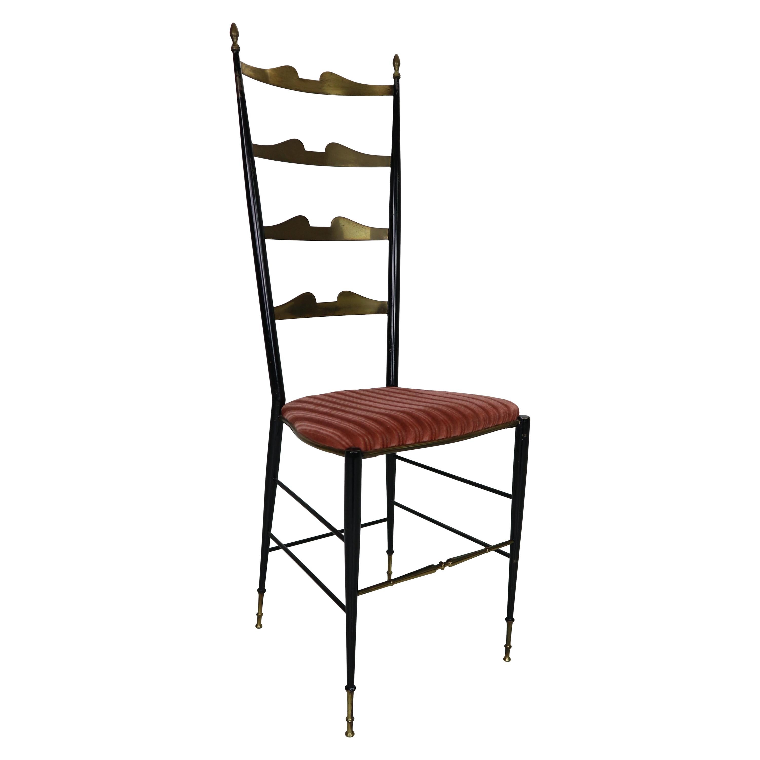 Midcentury Brass and Velvet Tall Ladder Back Side Chair by Chiavari