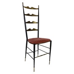 Midcentury Brass and Velvet Tall Ladder Back Side Chair by Chiavari, 1950s Italy