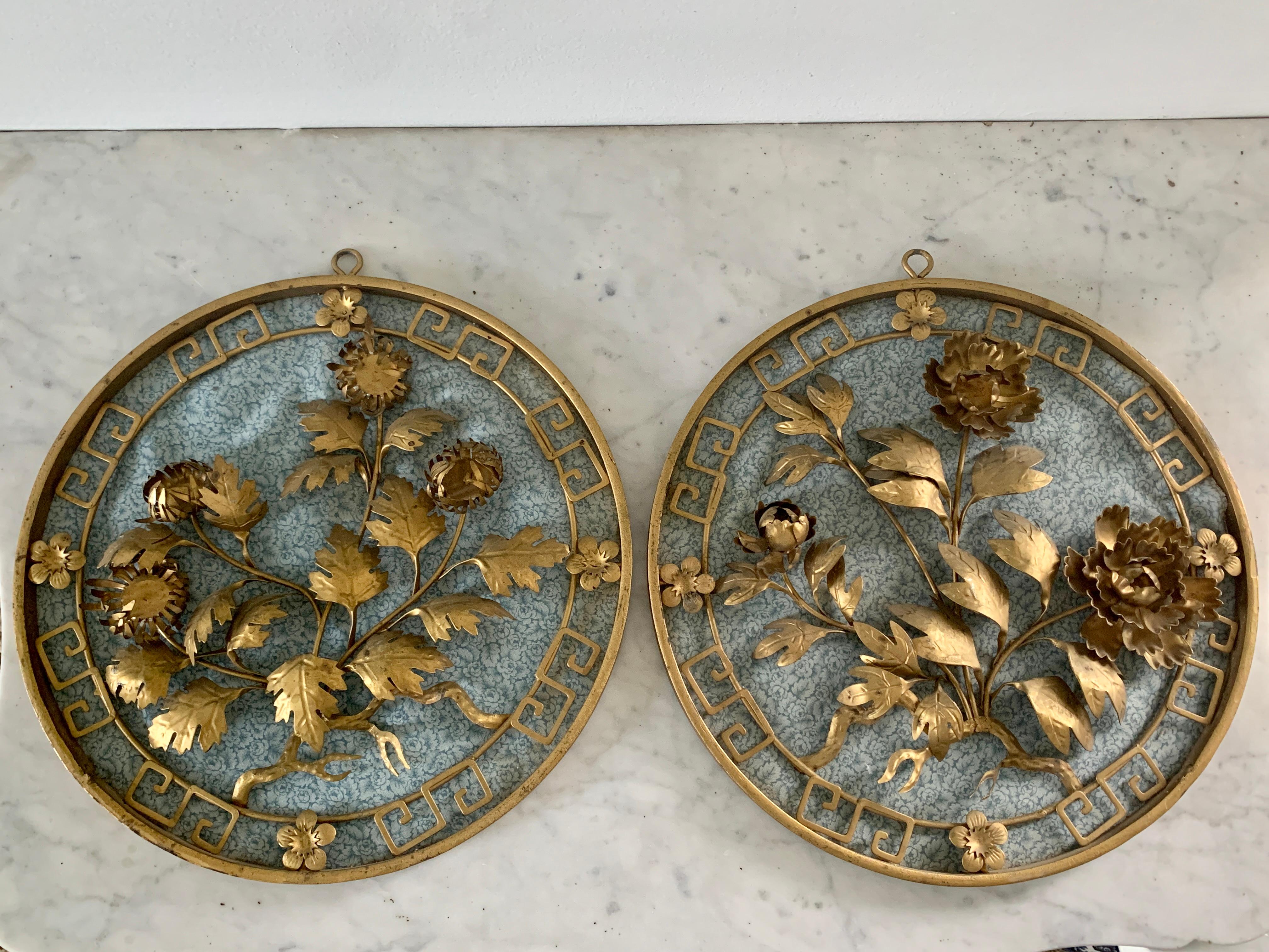 Mid-Century Brass Wall Hanging Medallians with Greek Key and Floral Bouquets For Sale 3