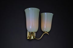 Mid-Century Brass Wall Light Sconce Opaline Glass Shades, Germany 1950s