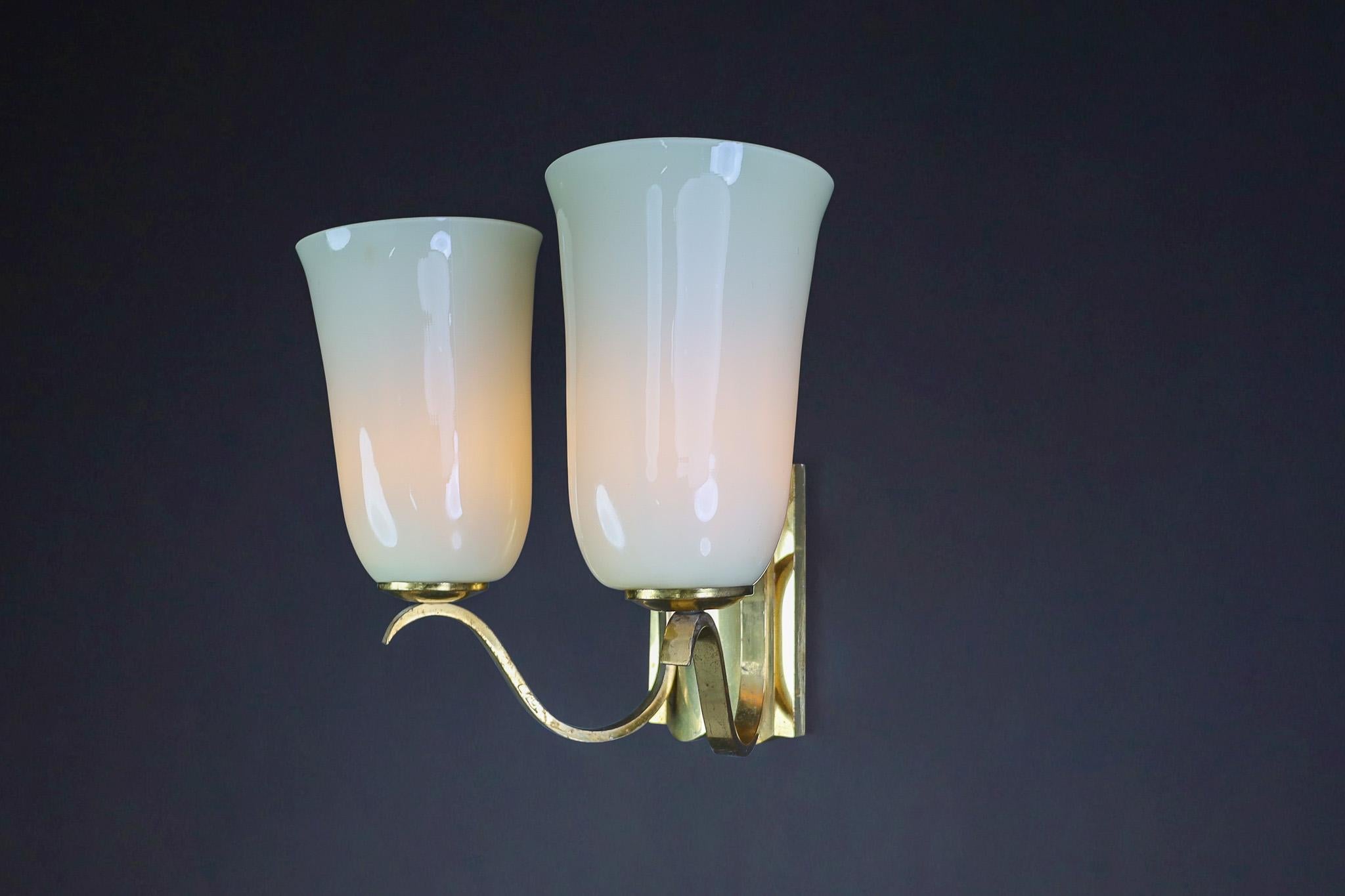 Mid-20th Century Mid-Century Brass Wall Light Sconce Opaline Glass Shades, Germany 1950s For Sale
