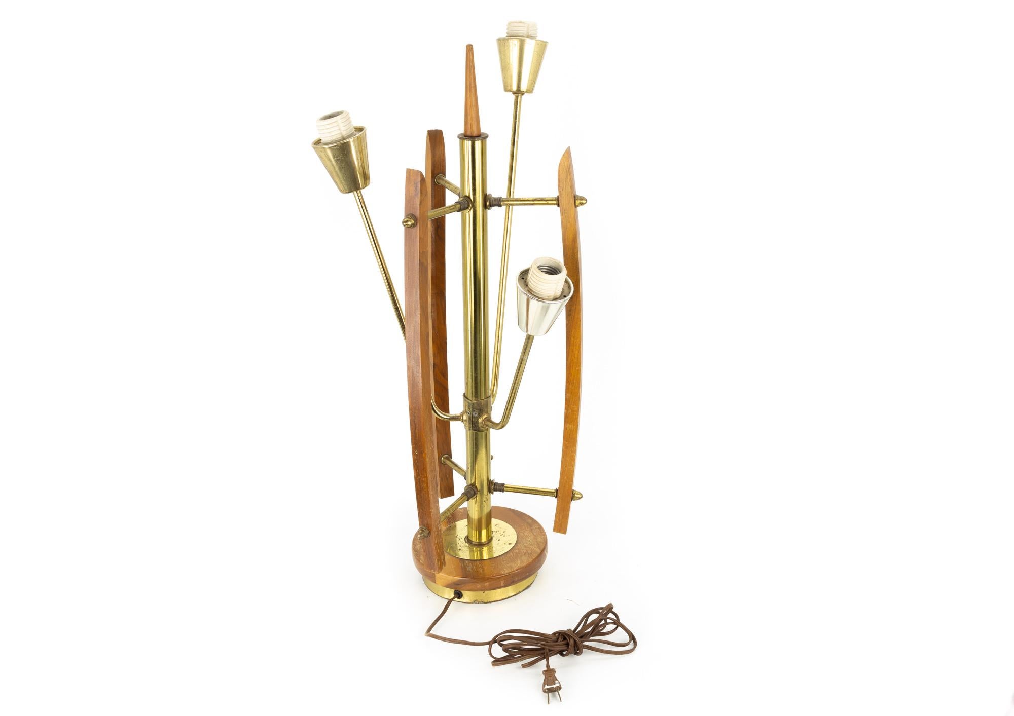 Mid-Century Brass Walnut 3 Light Table Lamp For Sale 5
