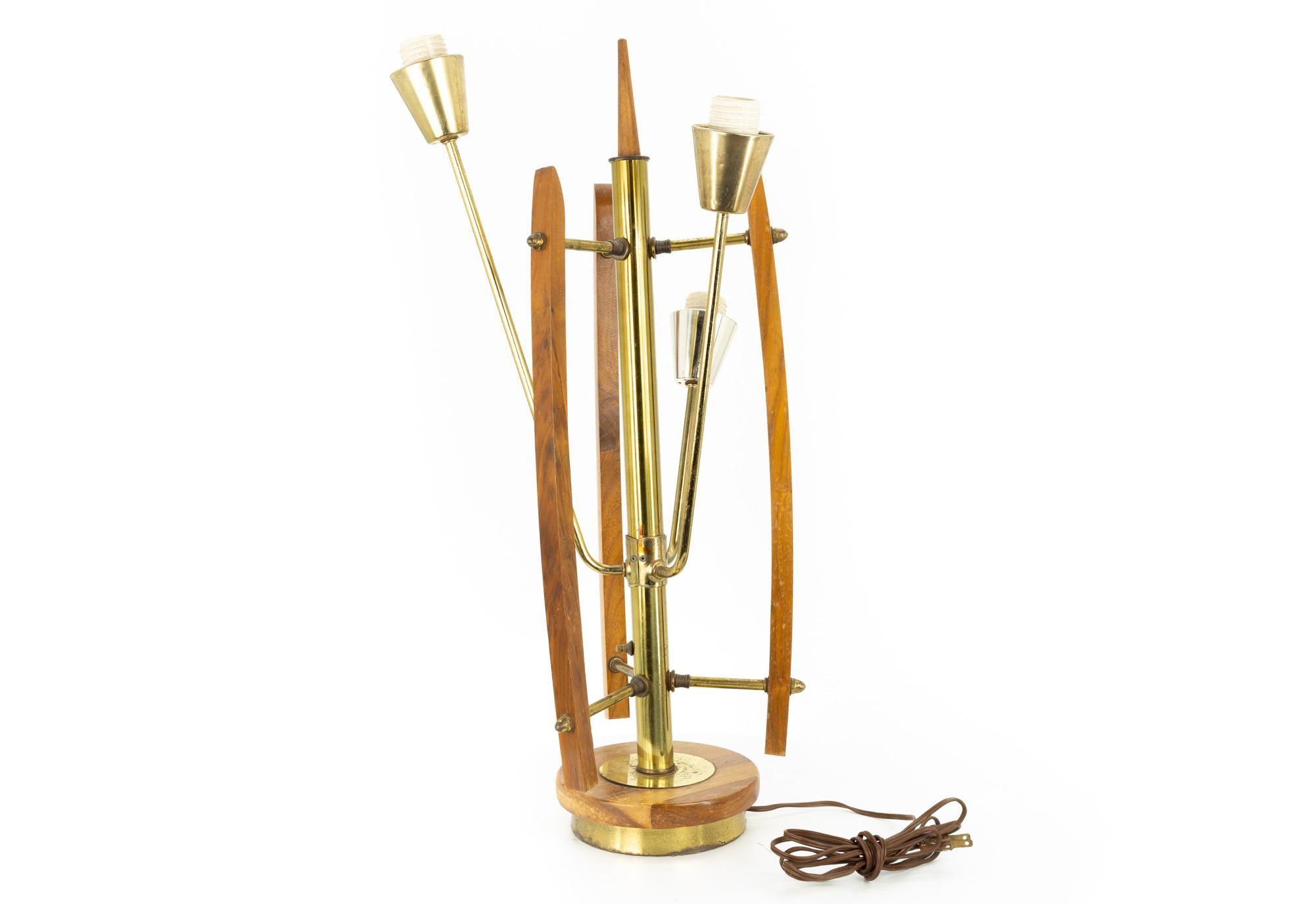 Mid-Century Modern Mid-Century Brass Walnut 3 Light Table Lamp For Sale
