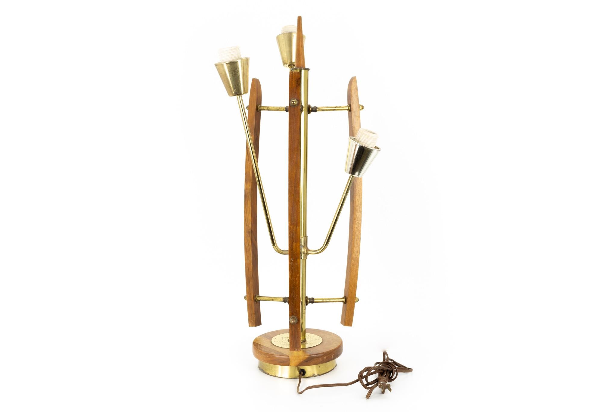 American Mid-Century Brass Walnut 3 Light Table Lamp For Sale