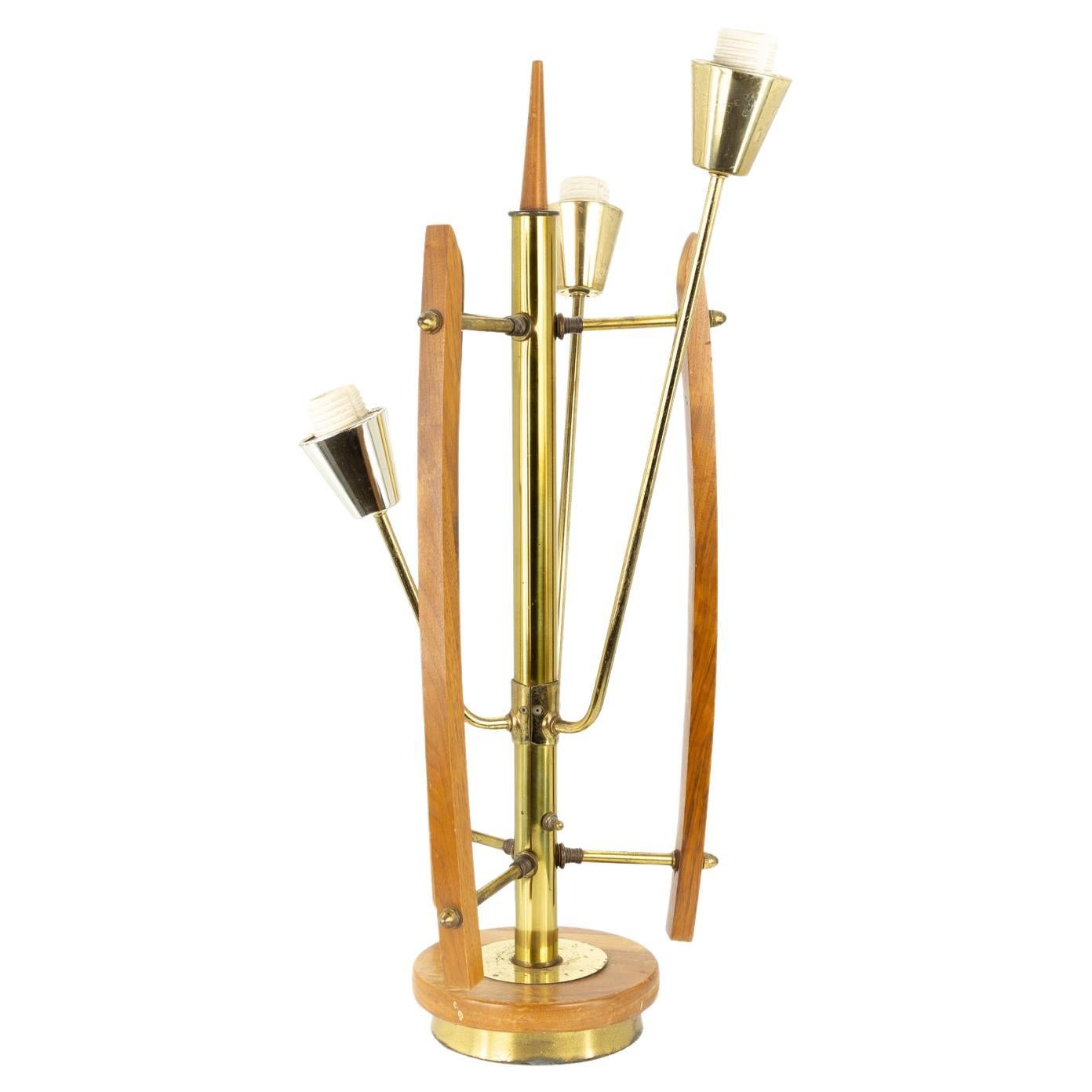 Mid-Century Brass Walnut 3 Light Table Lamp