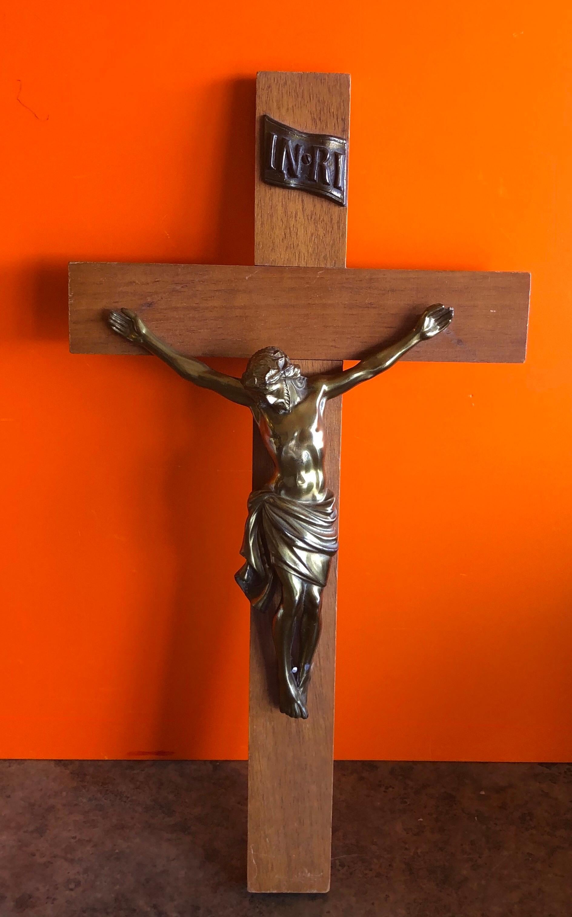 American Midcentury Brass and Walnut Crucifix For Sale