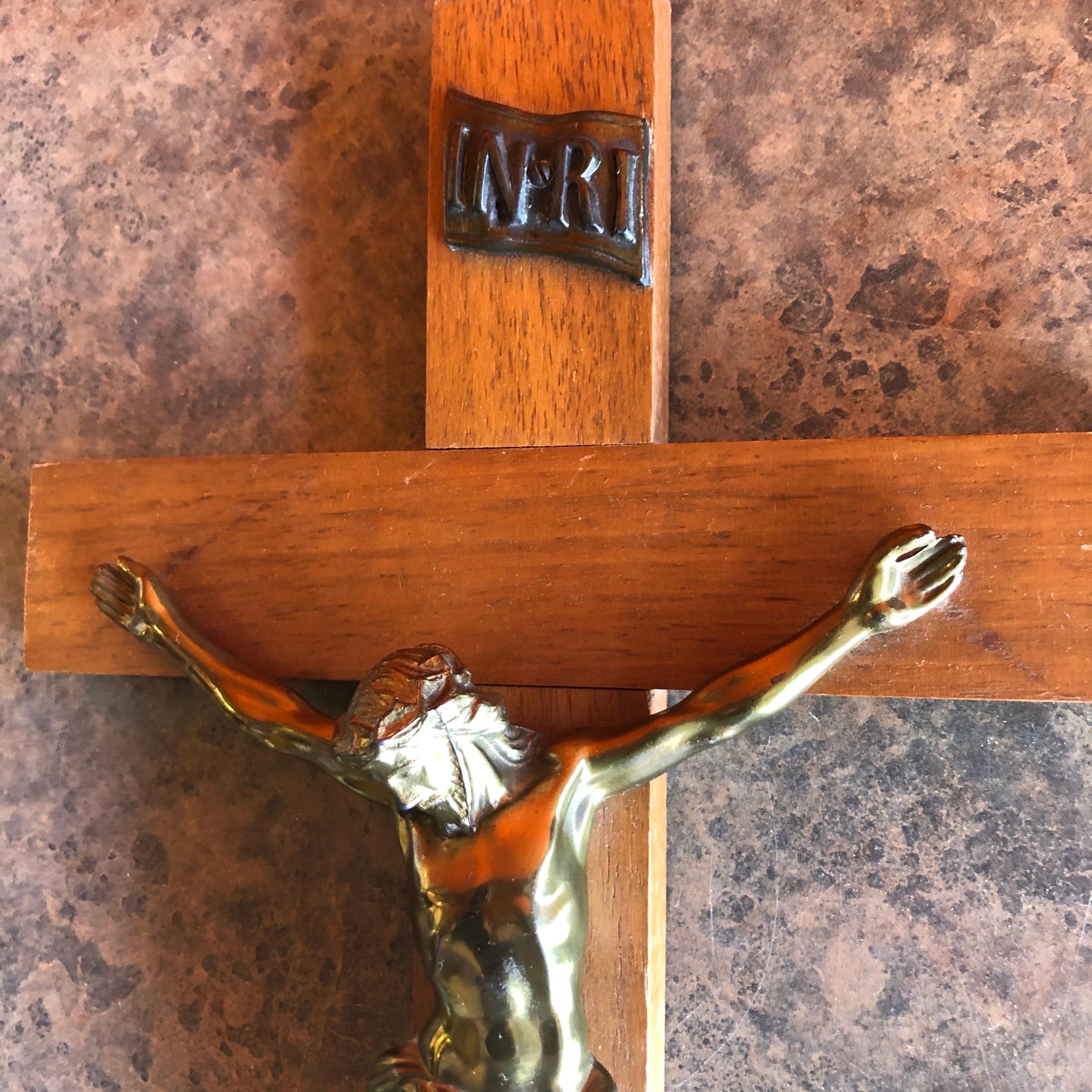 Midcentury Brass and Walnut Crucifix For Sale 1