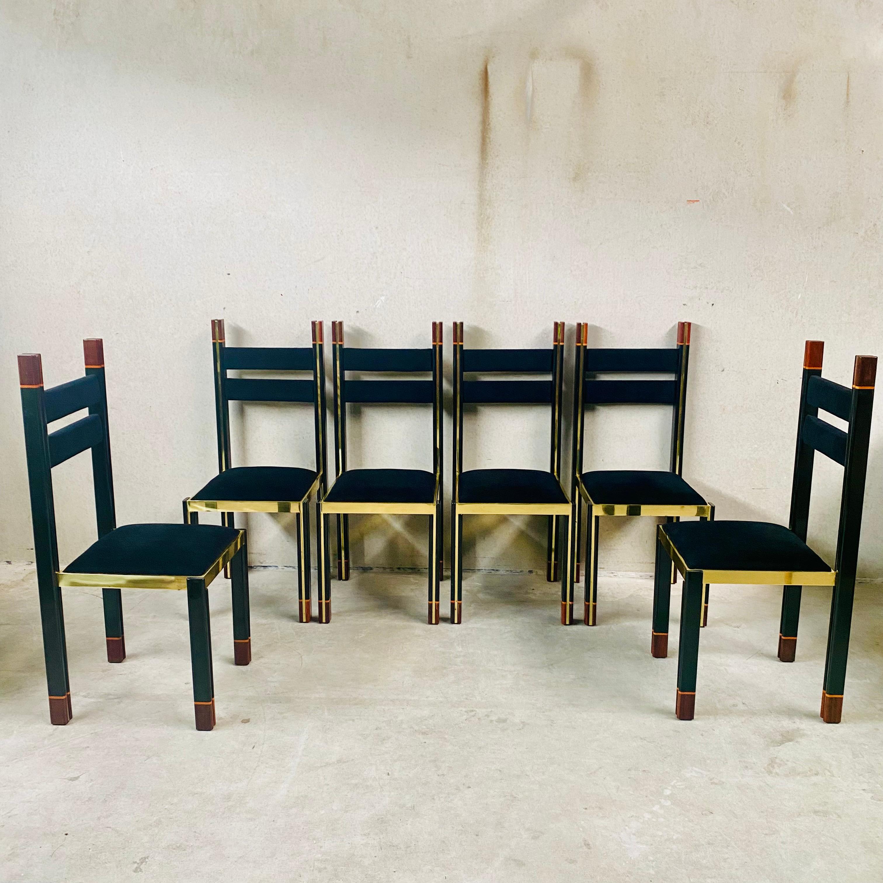 Mid-Century Modern Mid-Century Brass Walnut Dining Chairs by Paolo Barracchia for Roman Deco, 1978 For Sale