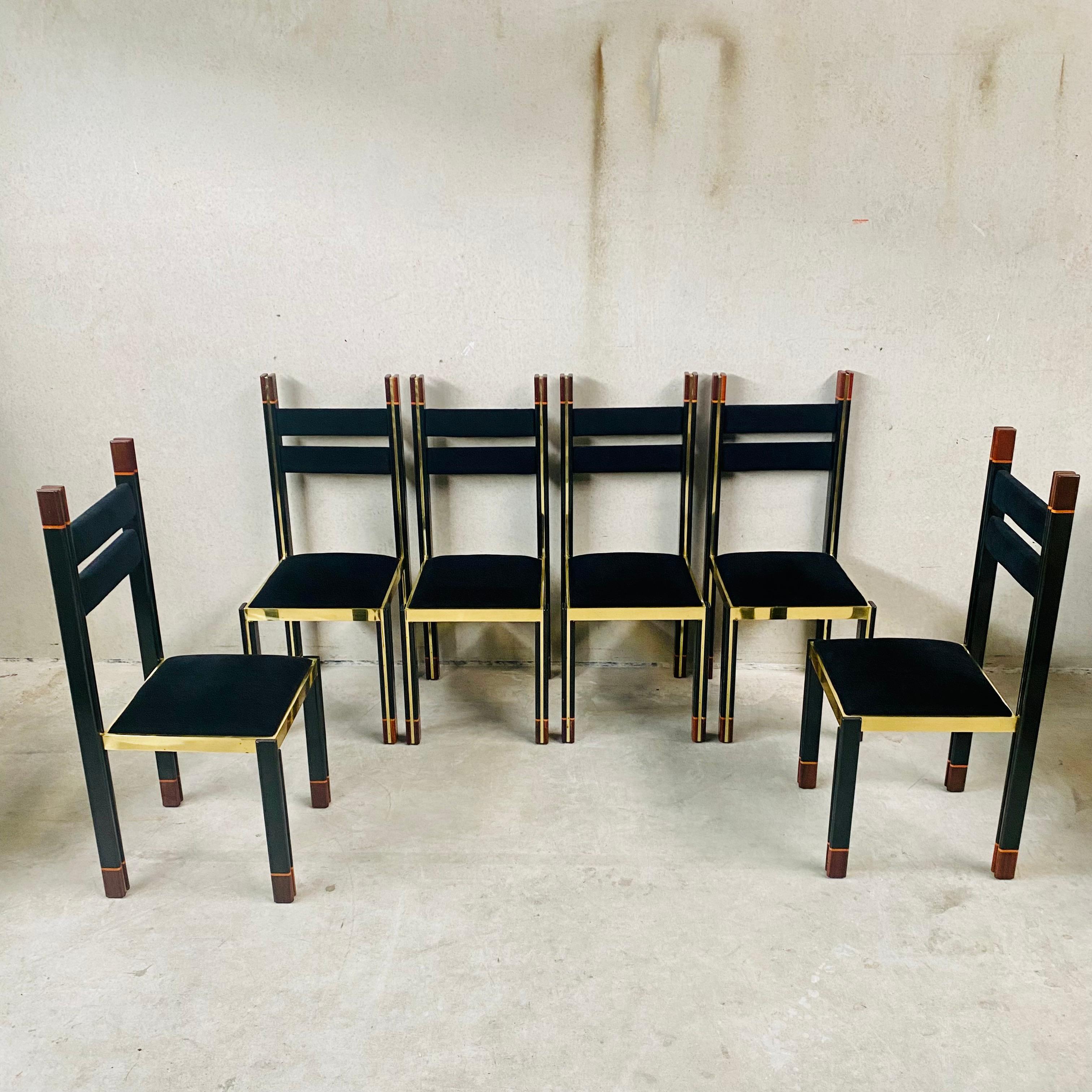 Italian Mid-Century Brass Walnut Dining Chairs by Paolo Barracchia for Roman Deco, 1978 For Sale