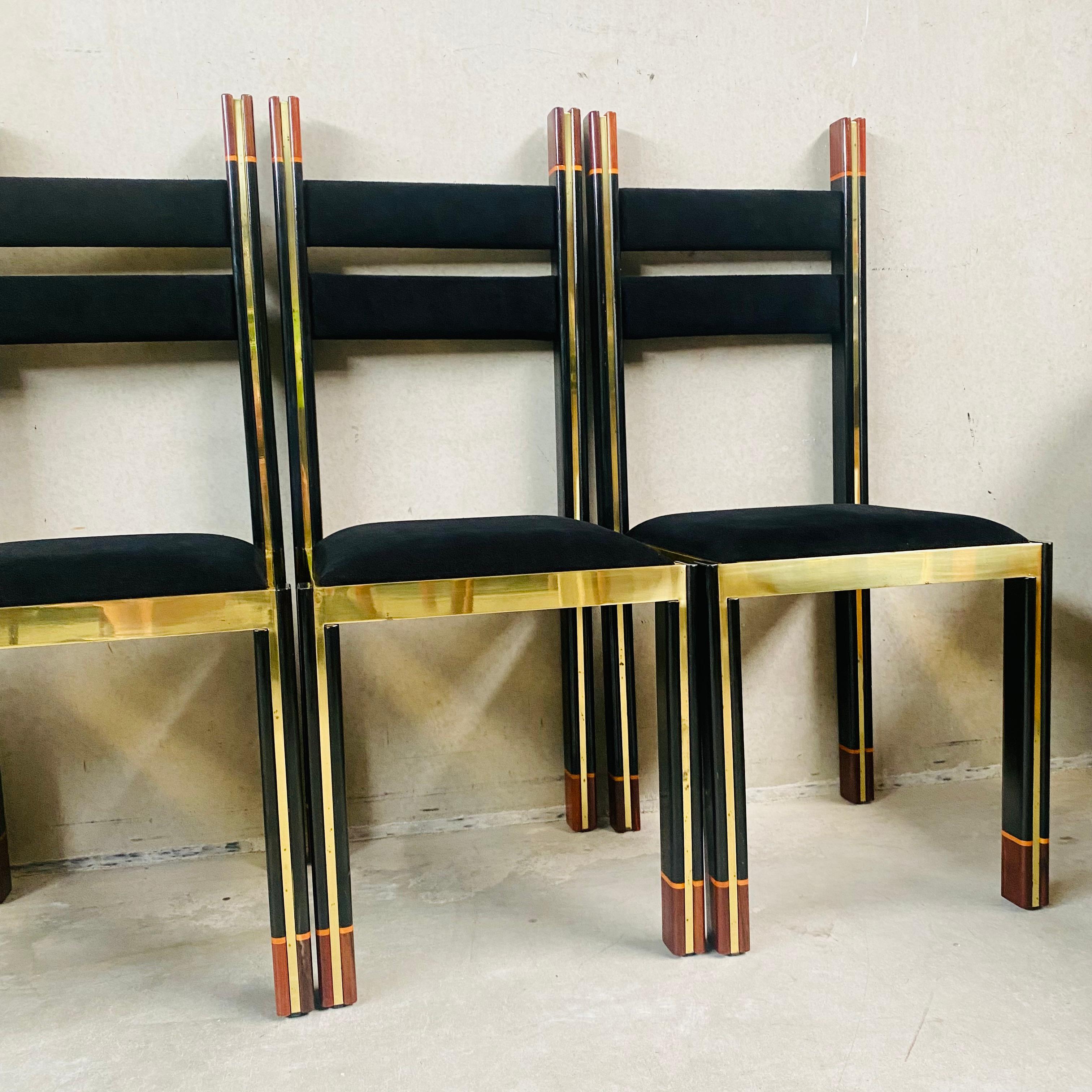Mid-Century Brass Walnut Dining Chairs by Paolo Barracchia for Roman Deco, 1978 For Sale 1