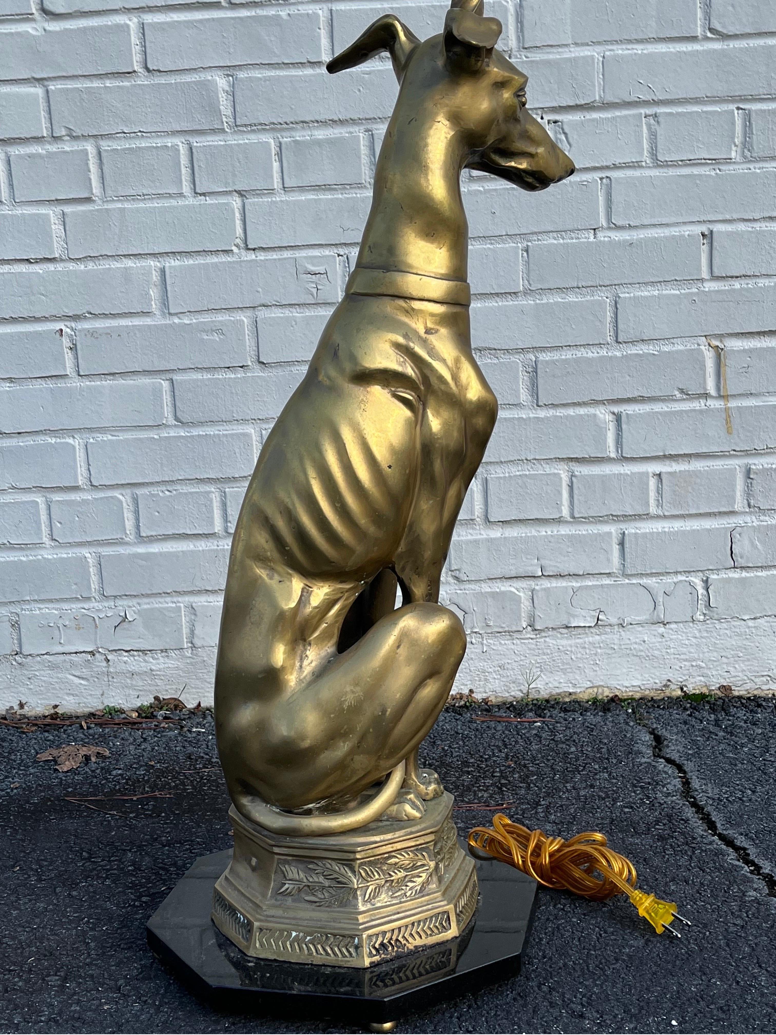 Mid Century Brass Whippet Greyhound Statue on Stone Base Mounted as a Floor Lamp 5