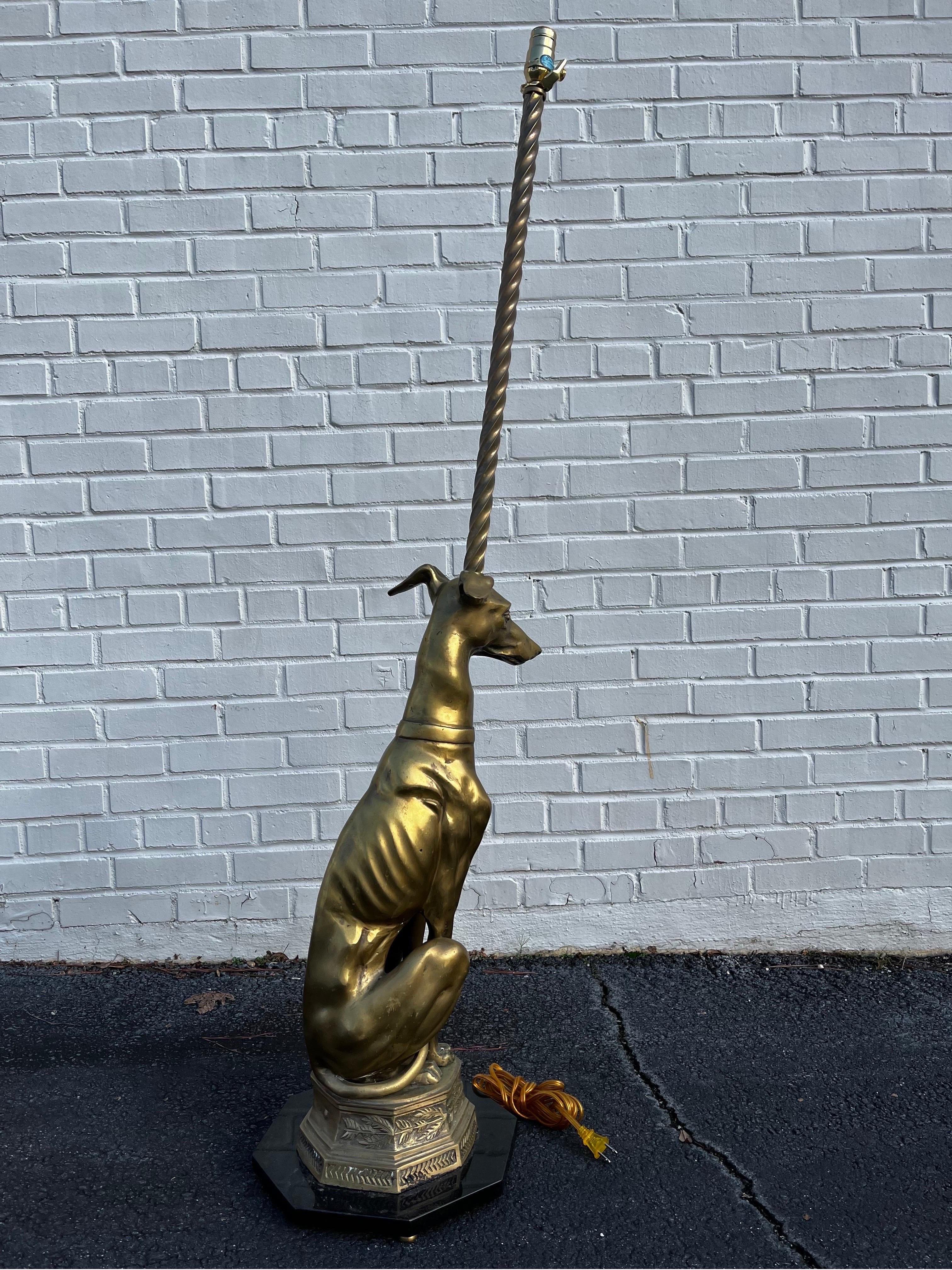 Mid Century Brass Whippet Greyhound Statue on Stone Base Mounted as a Floor Lamp 6