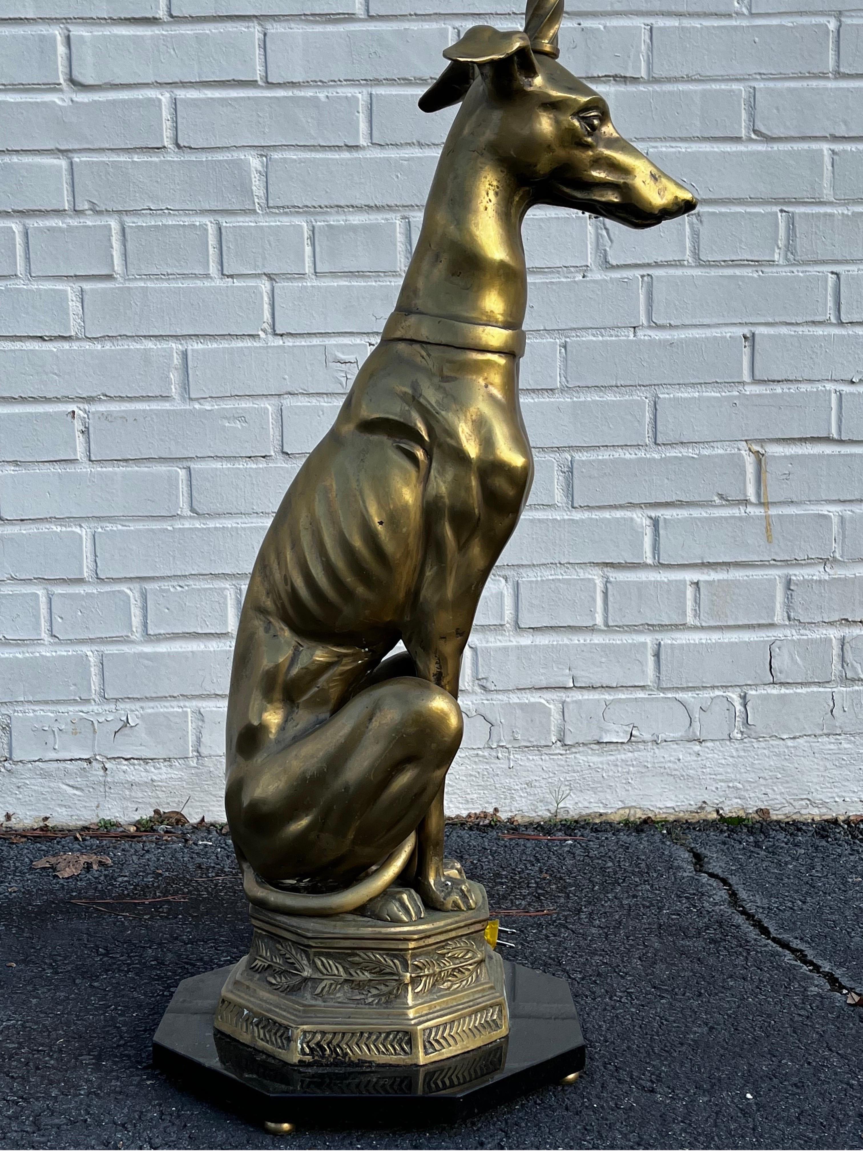 Mid Century Brass Whippet Greyhound Statue on Stone Base Mounted as a Floor Lamp 7