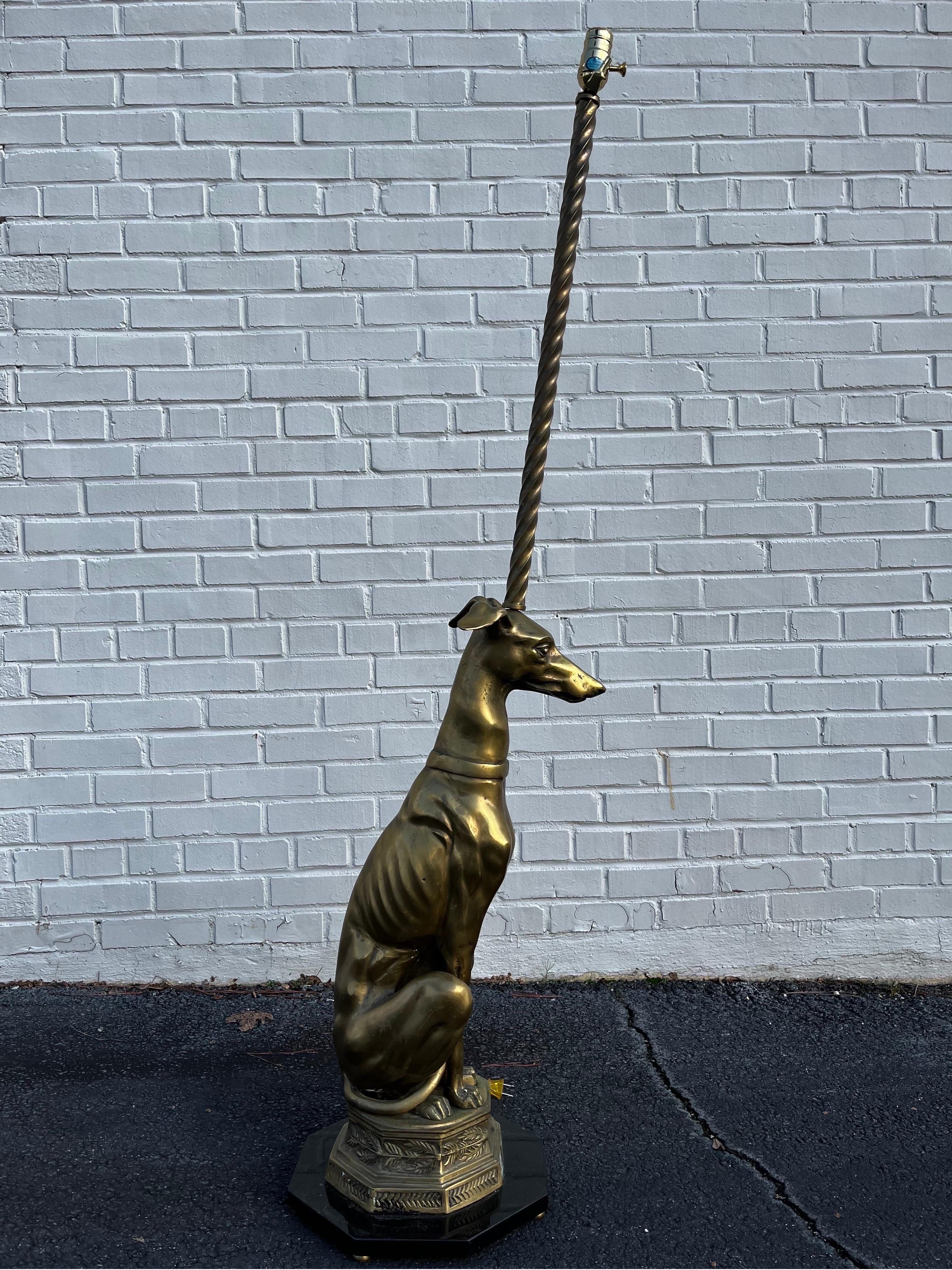 Mid Century Brass Whippet Greyhound Statue on Stone Base Mounted as a Floor Lamp 8