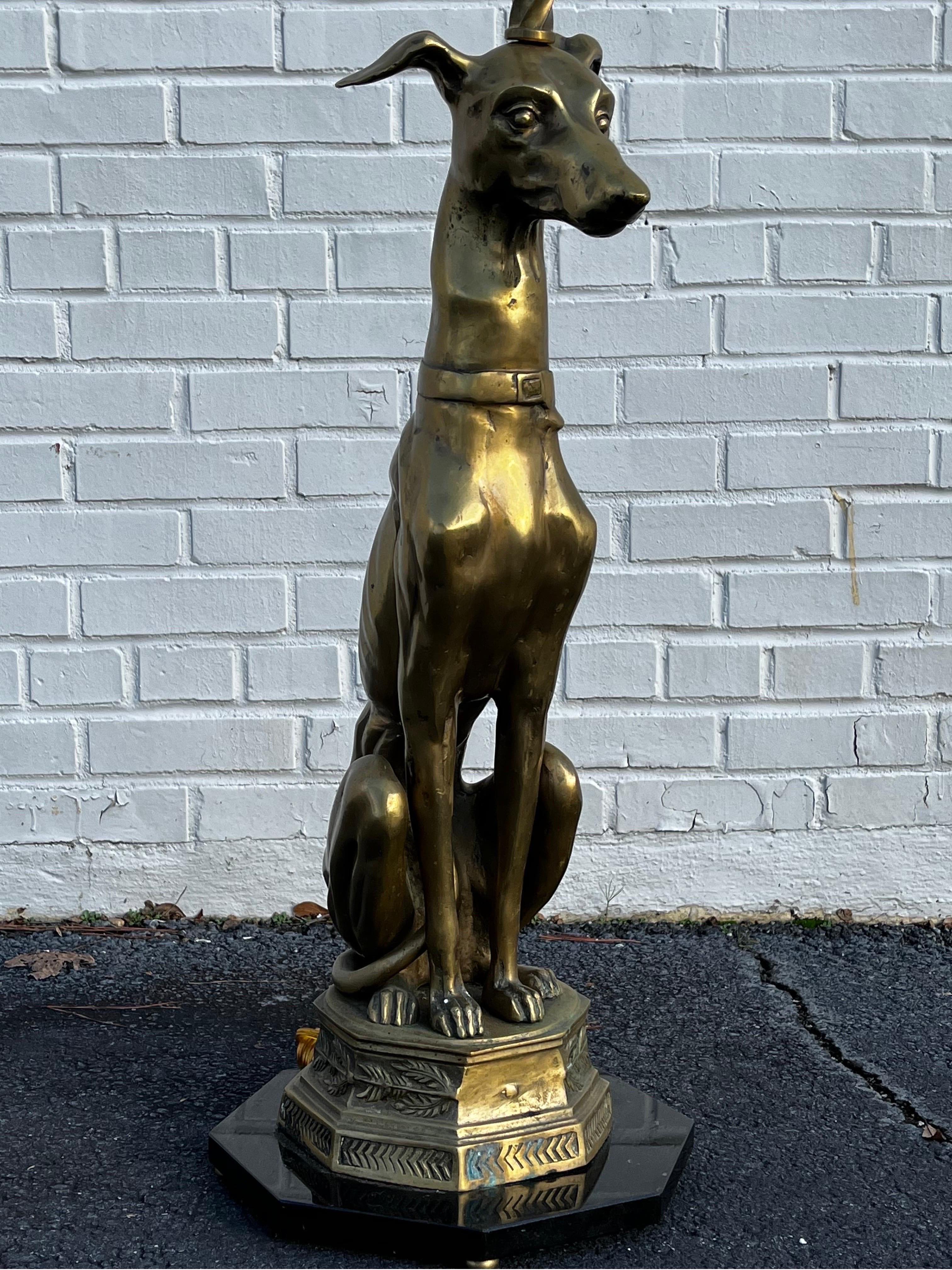 Mid Century Brass Whippet Greyhound Statue on Stone Base Mounted as a Floor Lamp 9