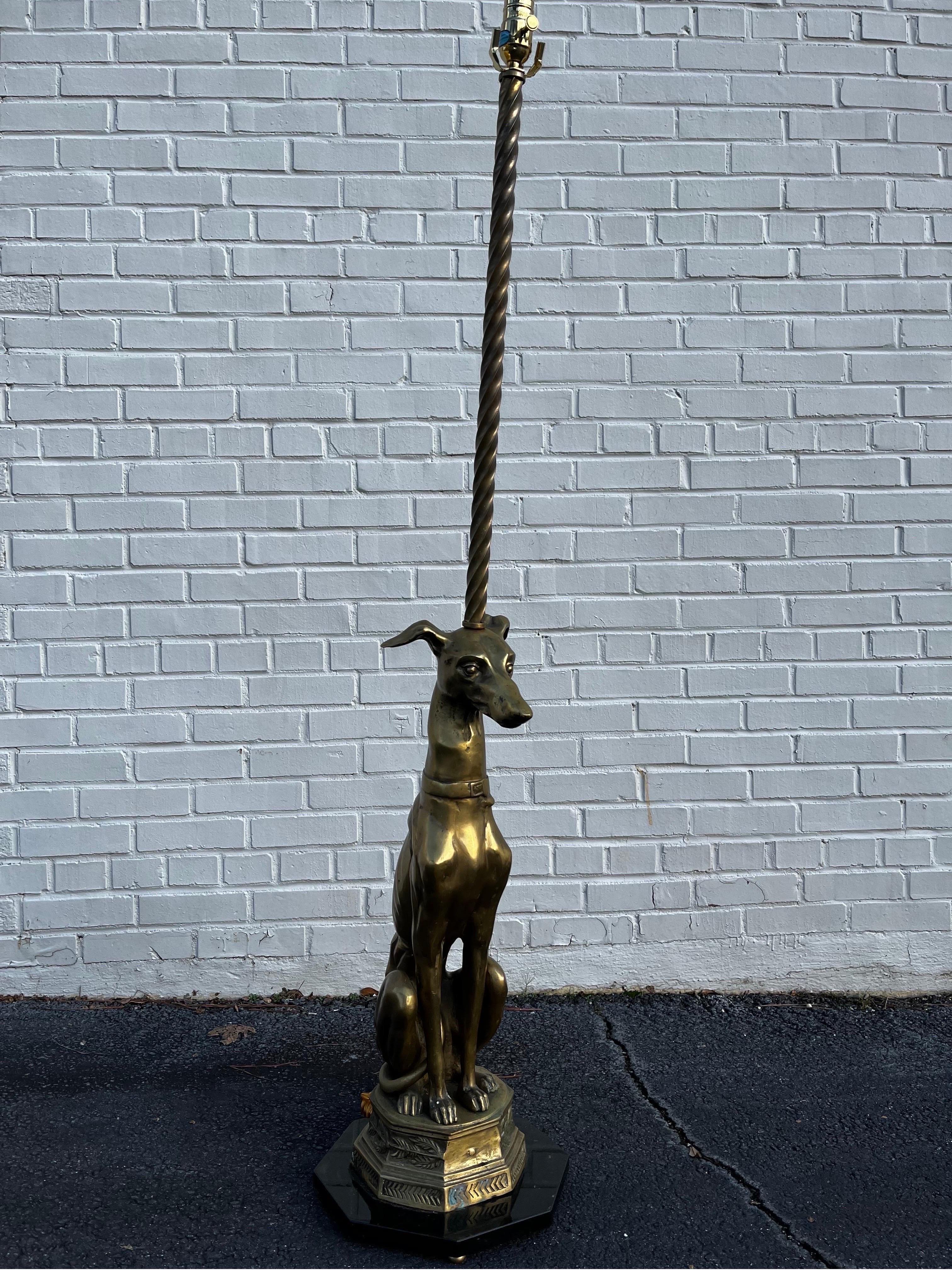 Mid Century Brass Whippet Greyhound Statue on Stone Base Mounted as a Floor Lamp 10
