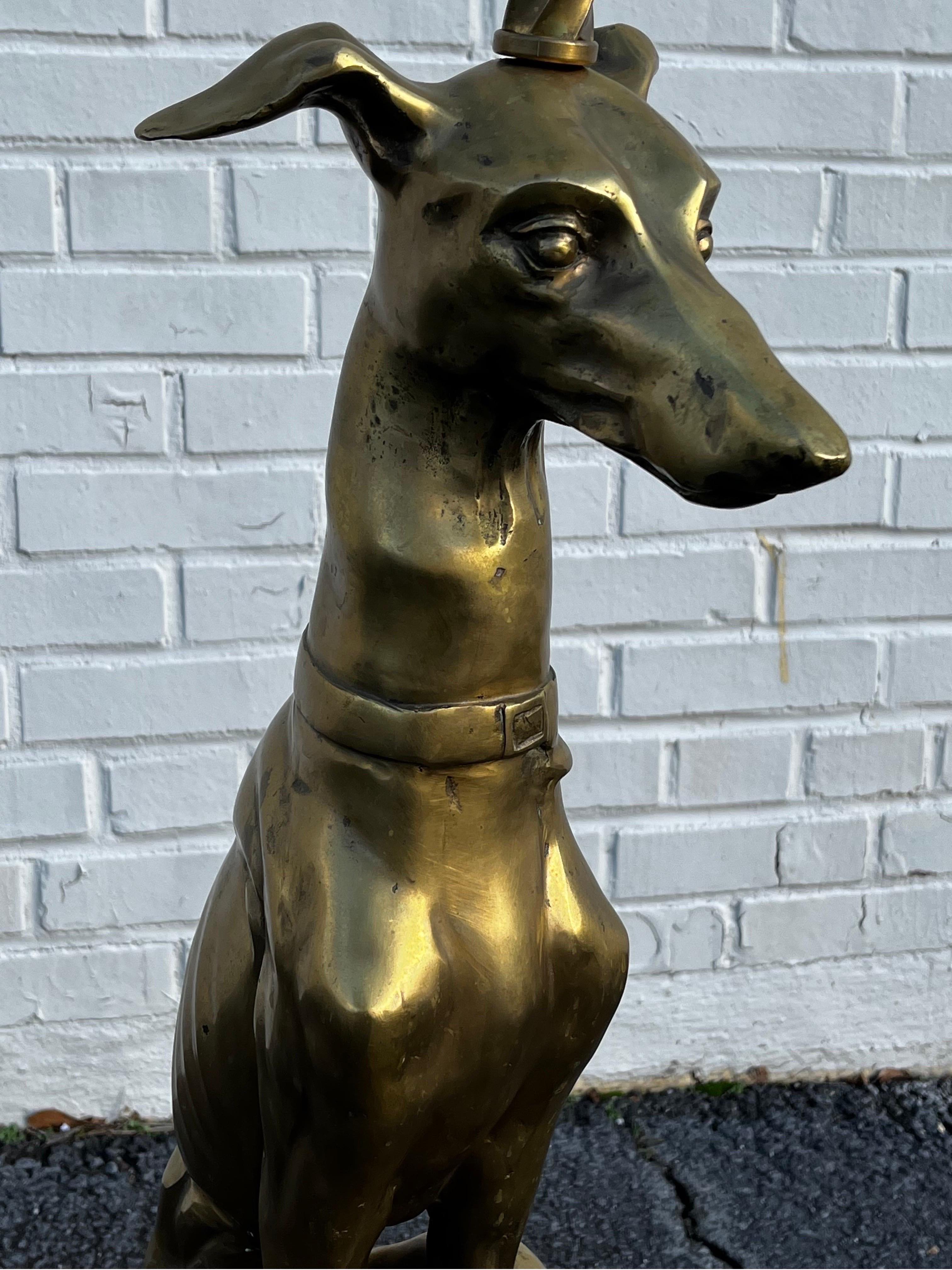 Mid Century Brass Whippet Greyhound Statue on Stone Base Mounted as a Floor Lamp 11