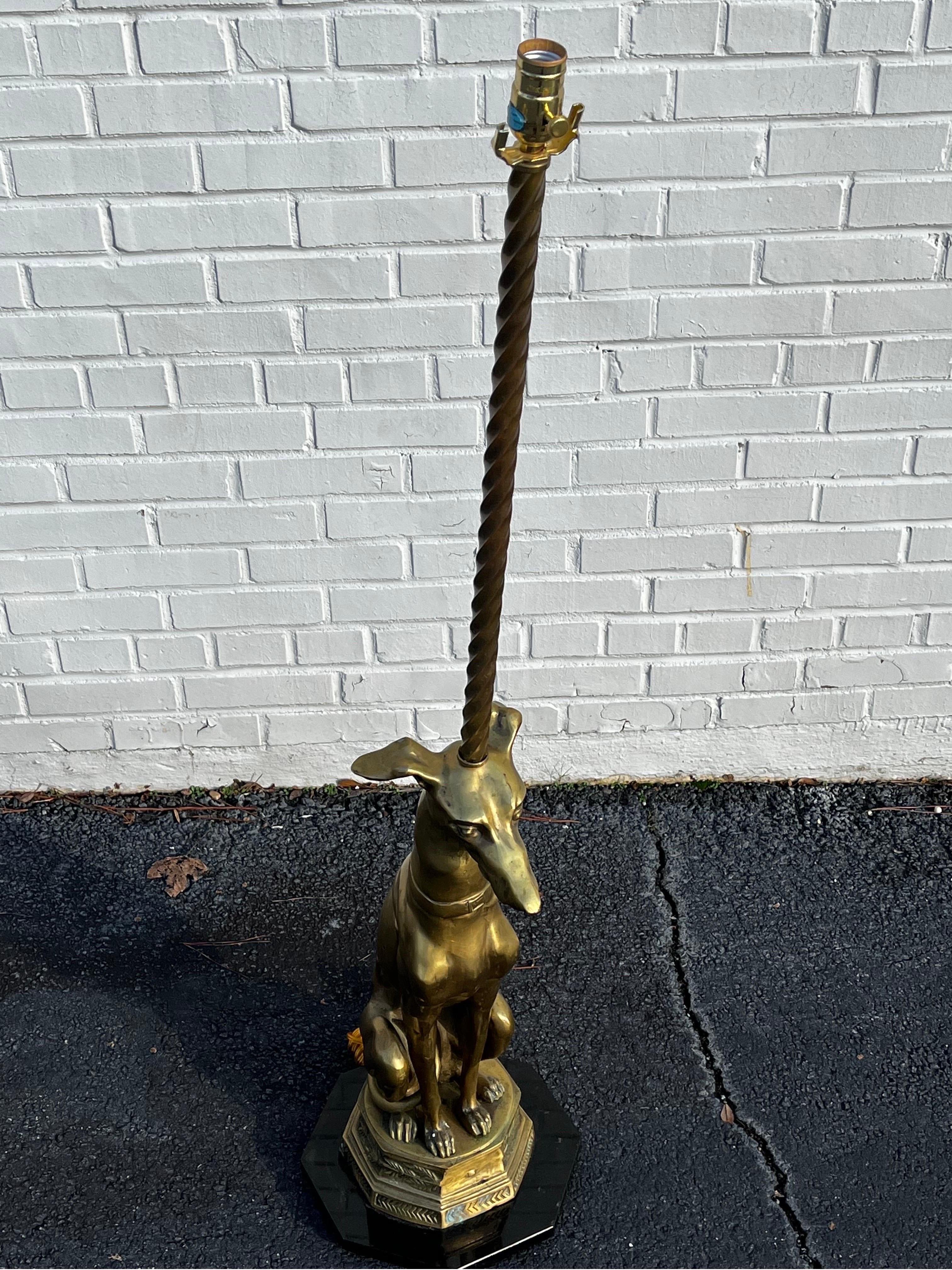 Mid Century Brass Whippet Greyhound Statue on Stone Base Mounted as a Floor Lamp 12