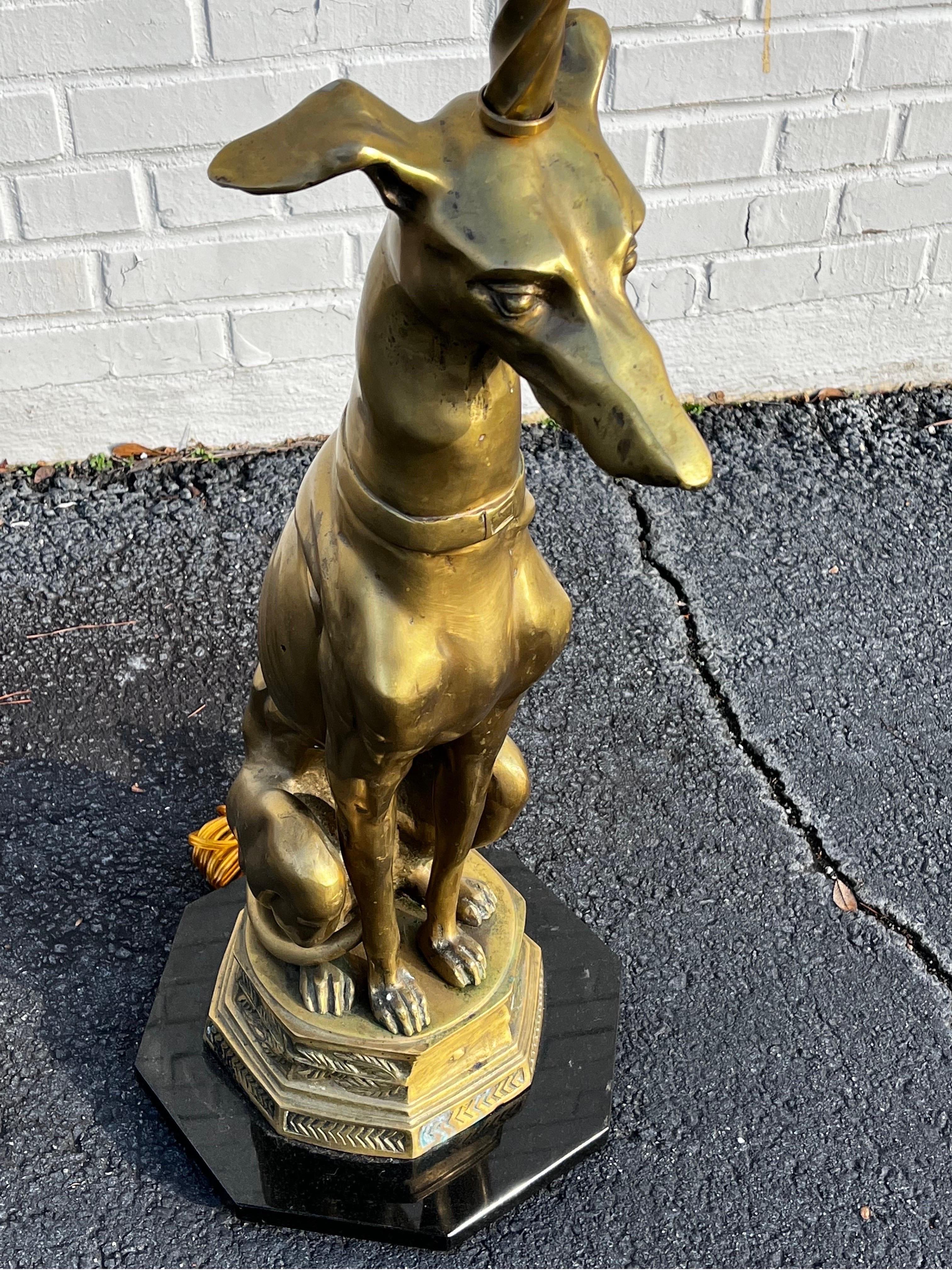 Mid Century Brass Whippet Greyhound Statue on Stone Base Mounted as a Floor Lamp 13