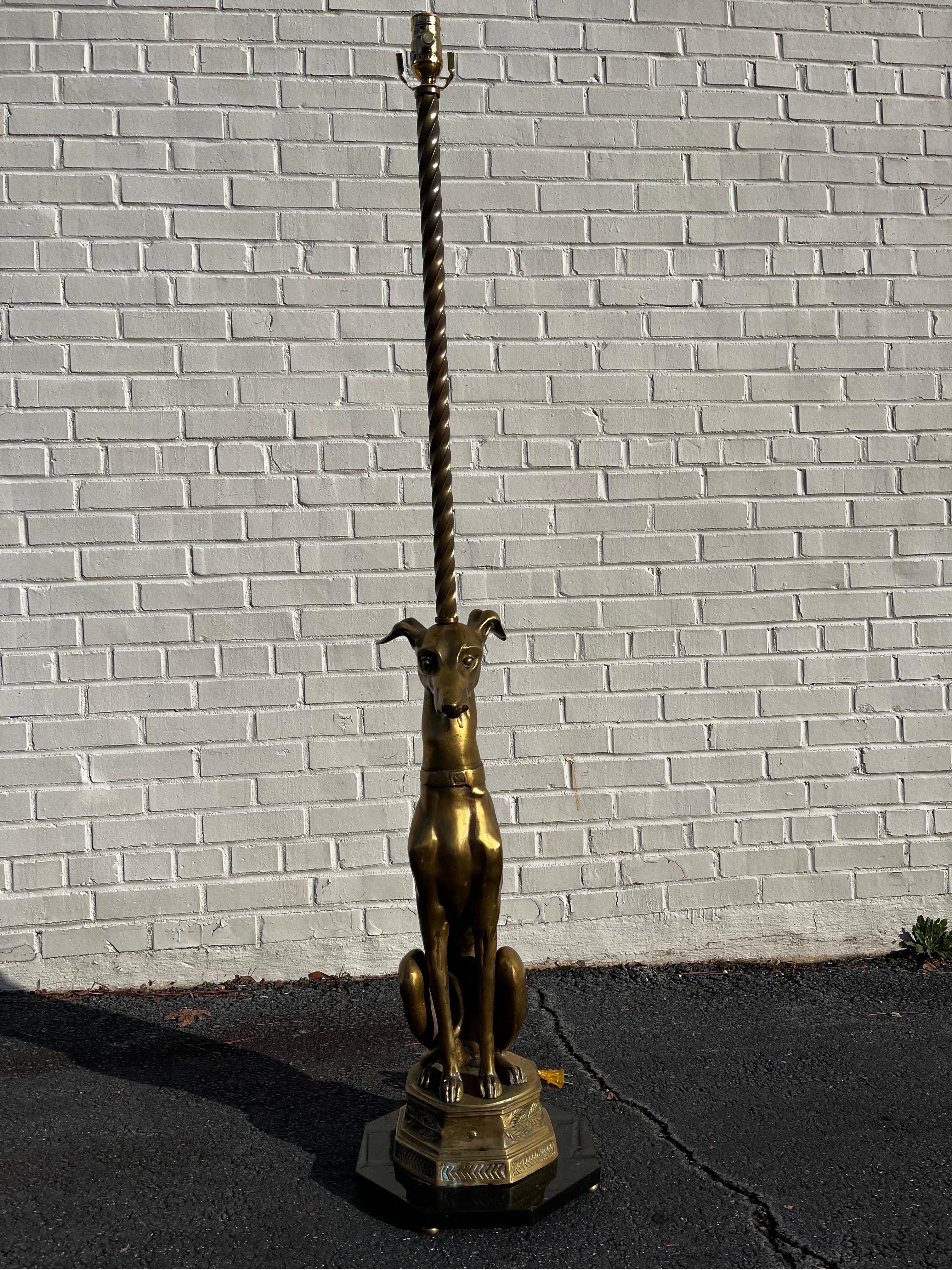 Mid Century Brass Whippet Greyhound Statue on Stone Base Mounted as a Floor Lamp In Fair Condition In Atlanta, GA