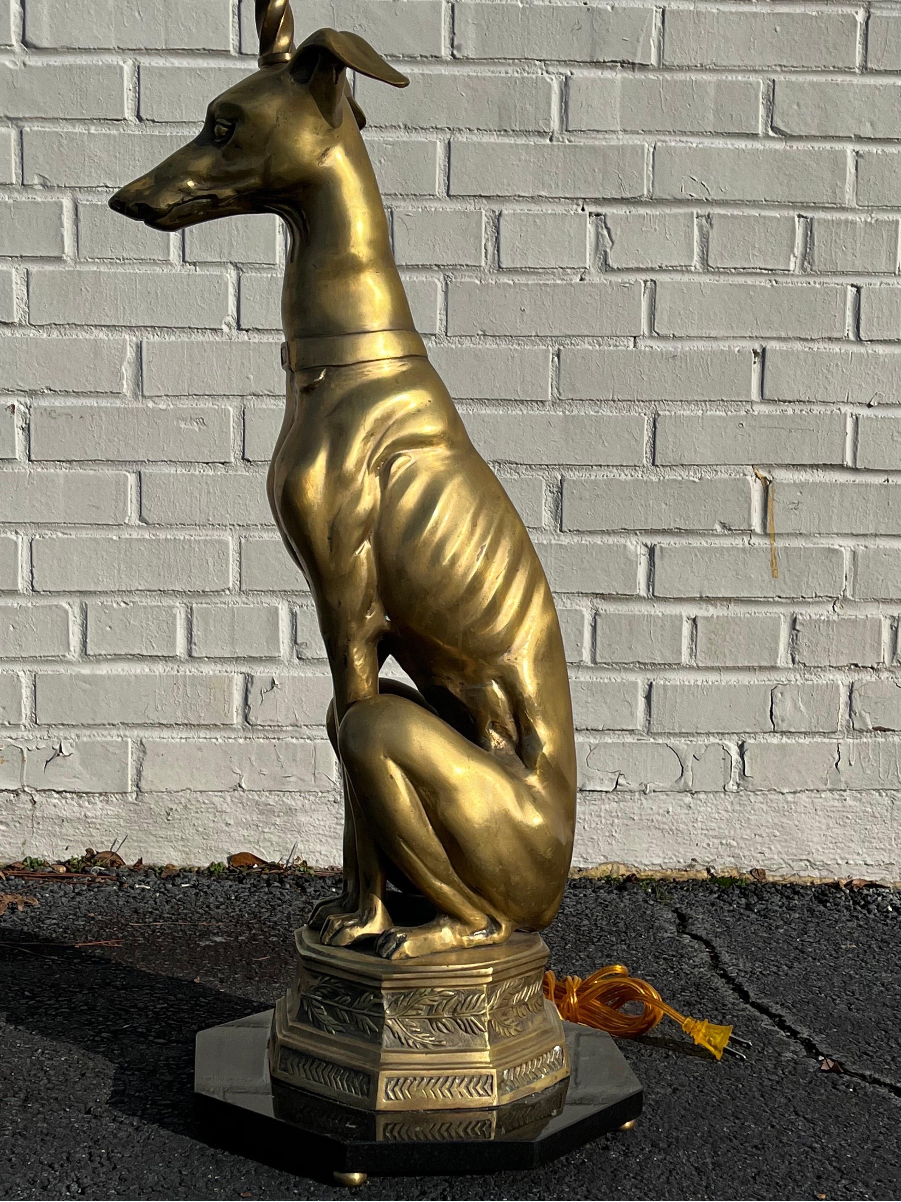 20th Century Mid Century Brass Whippet Greyhound Statue on Stone Base Mounted as a Floor Lamp