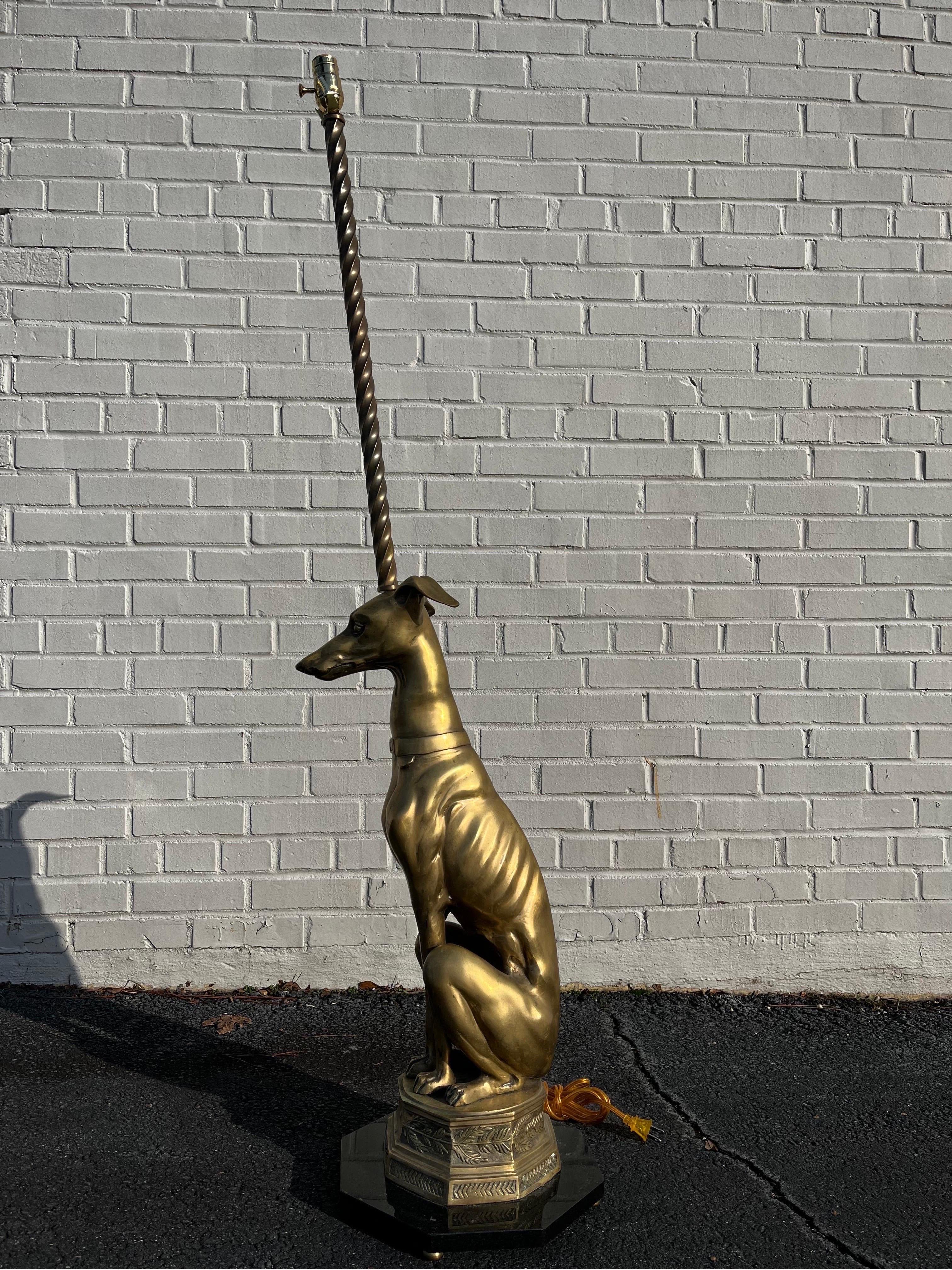 Metal Mid Century Brass Whippet Greyhound Statue on Stone Base Mounted as a Floor Lamp