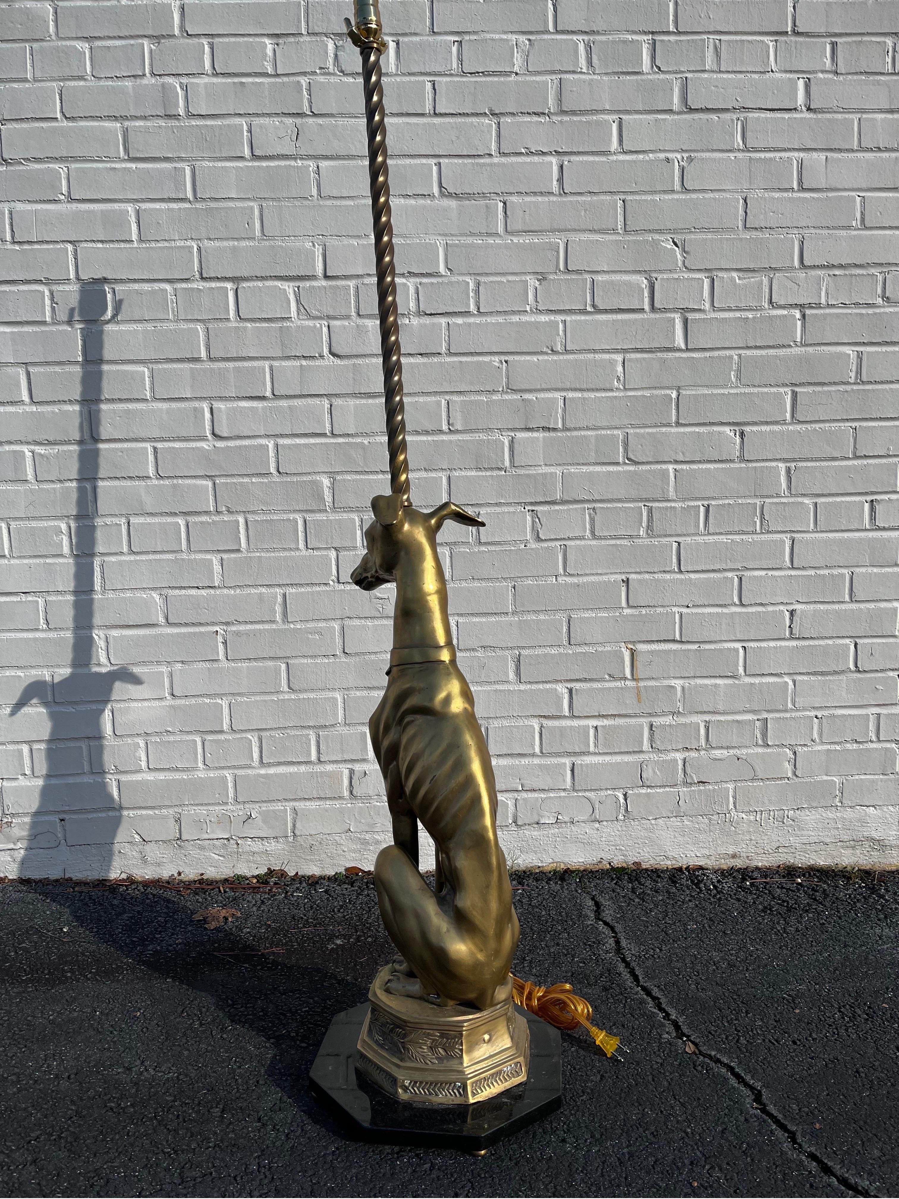 Mid Century Brass Whippet Greyhound Statue on Stone Base Mounted as a Floor Lamp 2