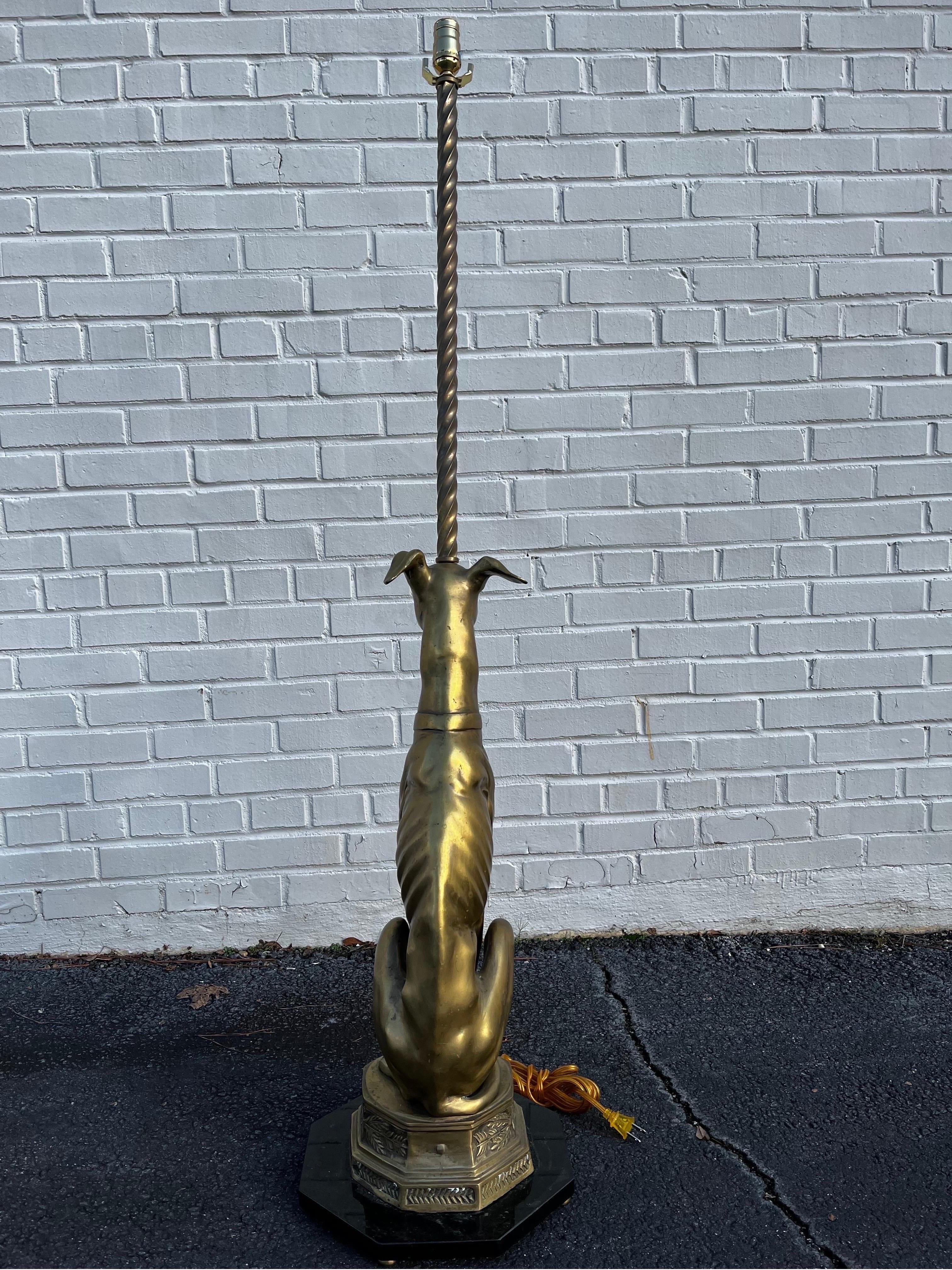 Mid Century Brass Whippet Greyhound Statue on Stone Base Mounted as a Floor Lamp 4