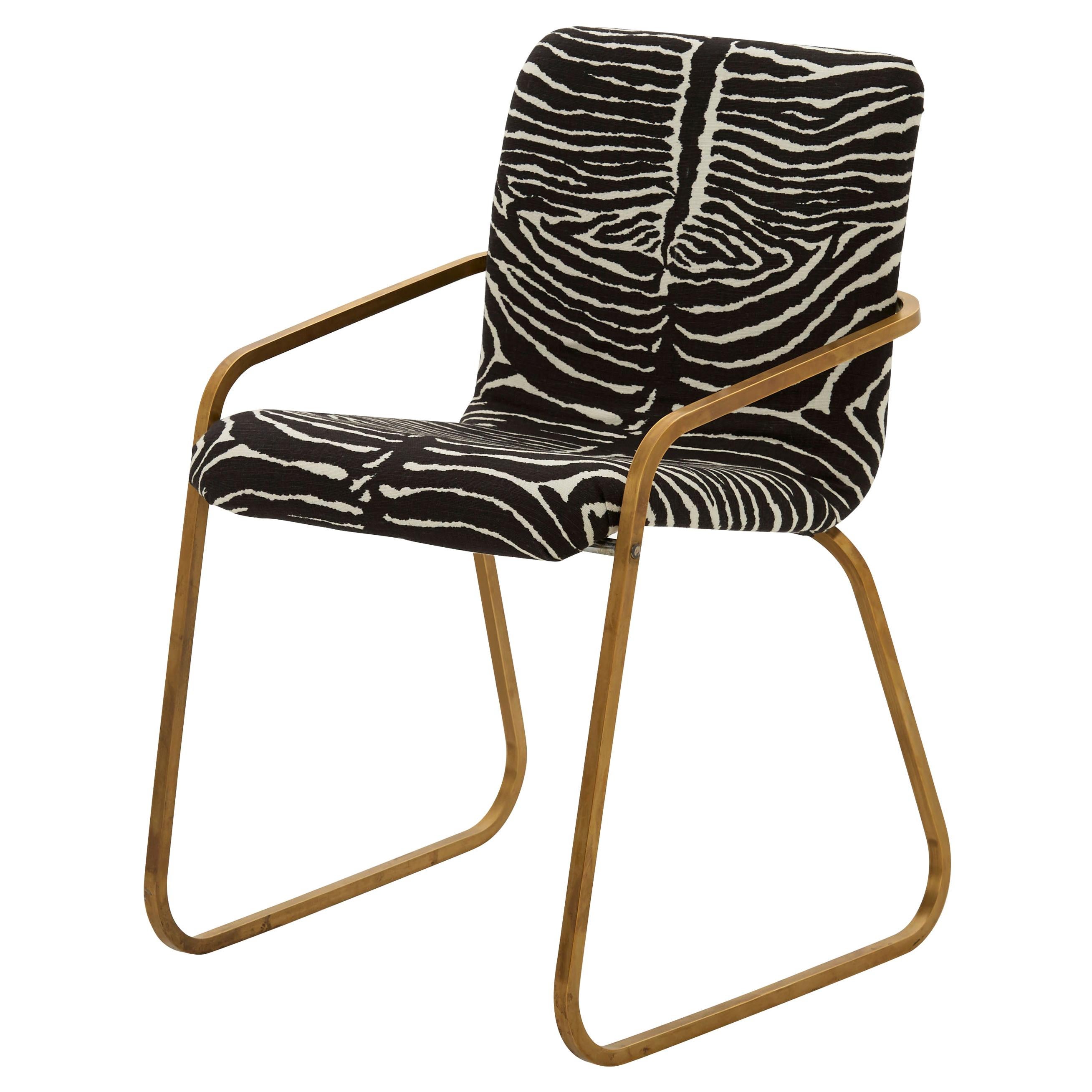 Midcentury Brass Willy Rizzo Dining Chair Upholstered in Zebra Print Linen