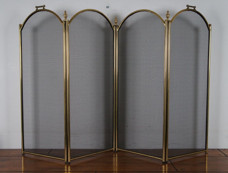 Mid Century Brass and Wire 4 Panel Mesh Folding Fireplace Hearth Fire