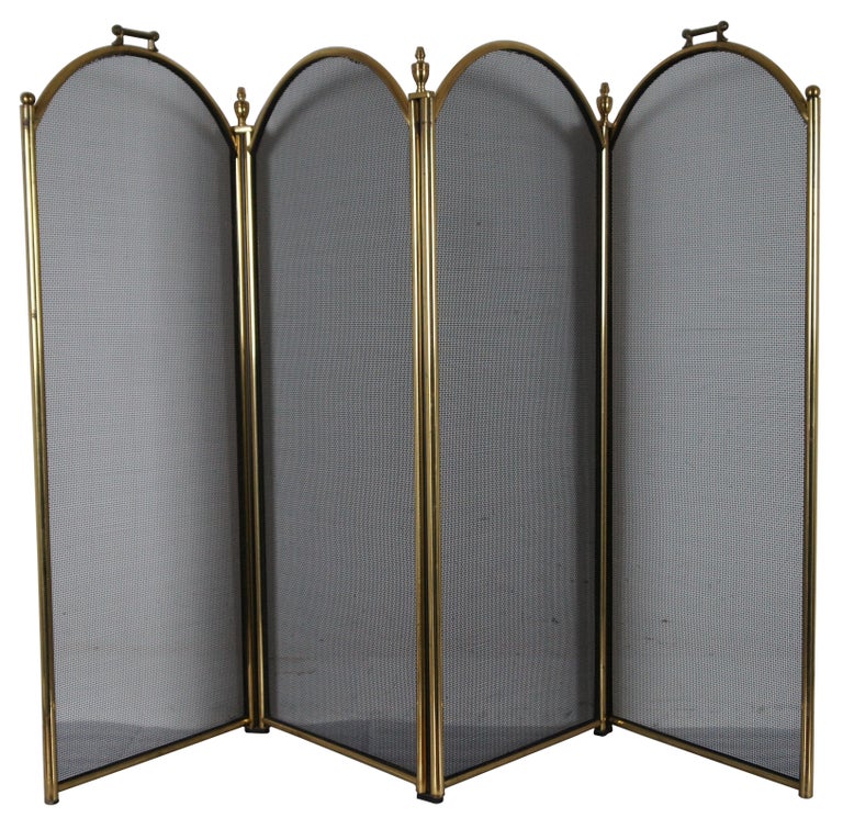 Mid Century Brass and Wire 4 Panel Mesh Folding Fireplace Hearth Fire