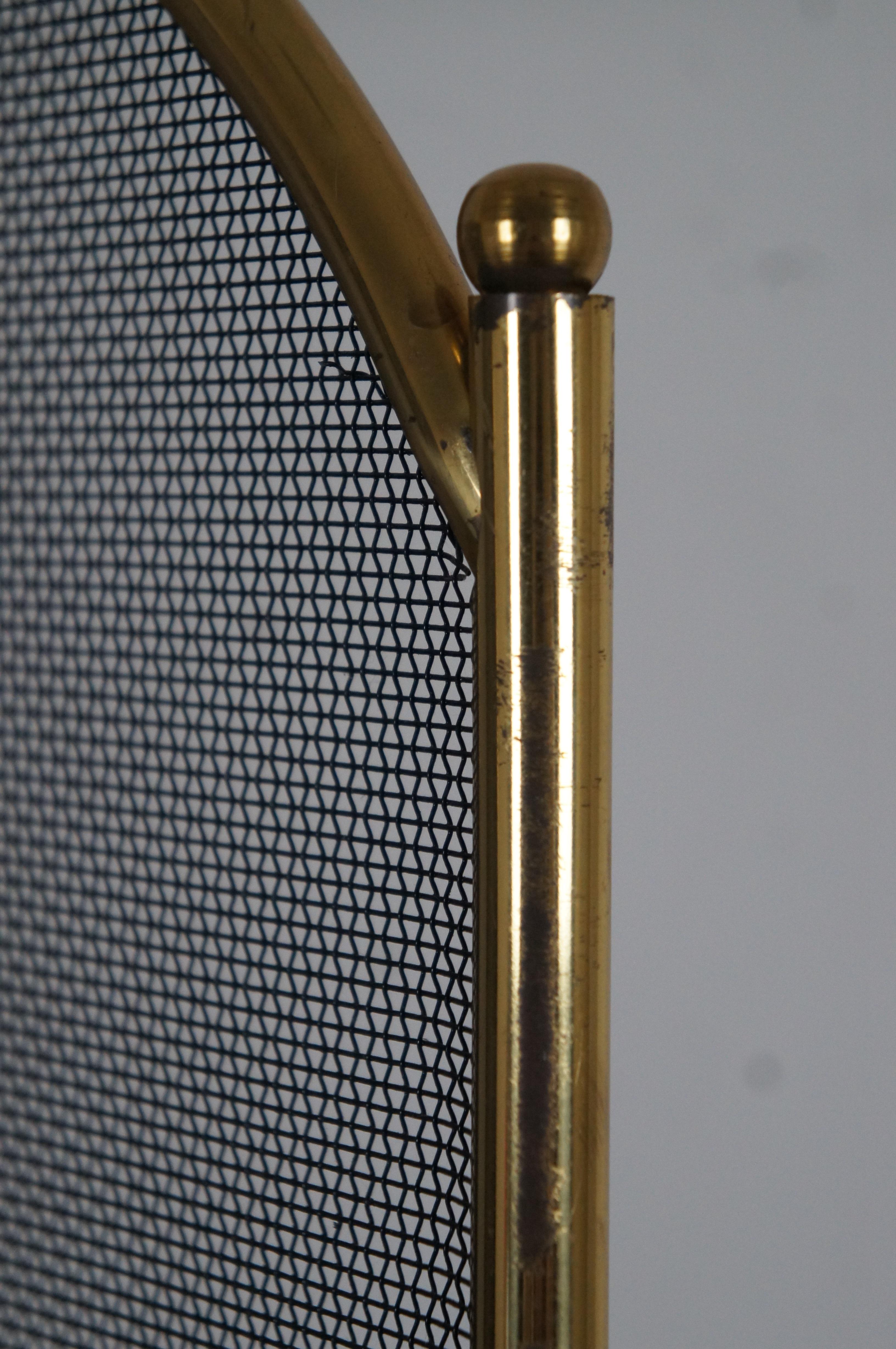20th Century Mid Century Brass & Wire 4 Panel Mesh Folding Fireplace Hearth Fire Screen